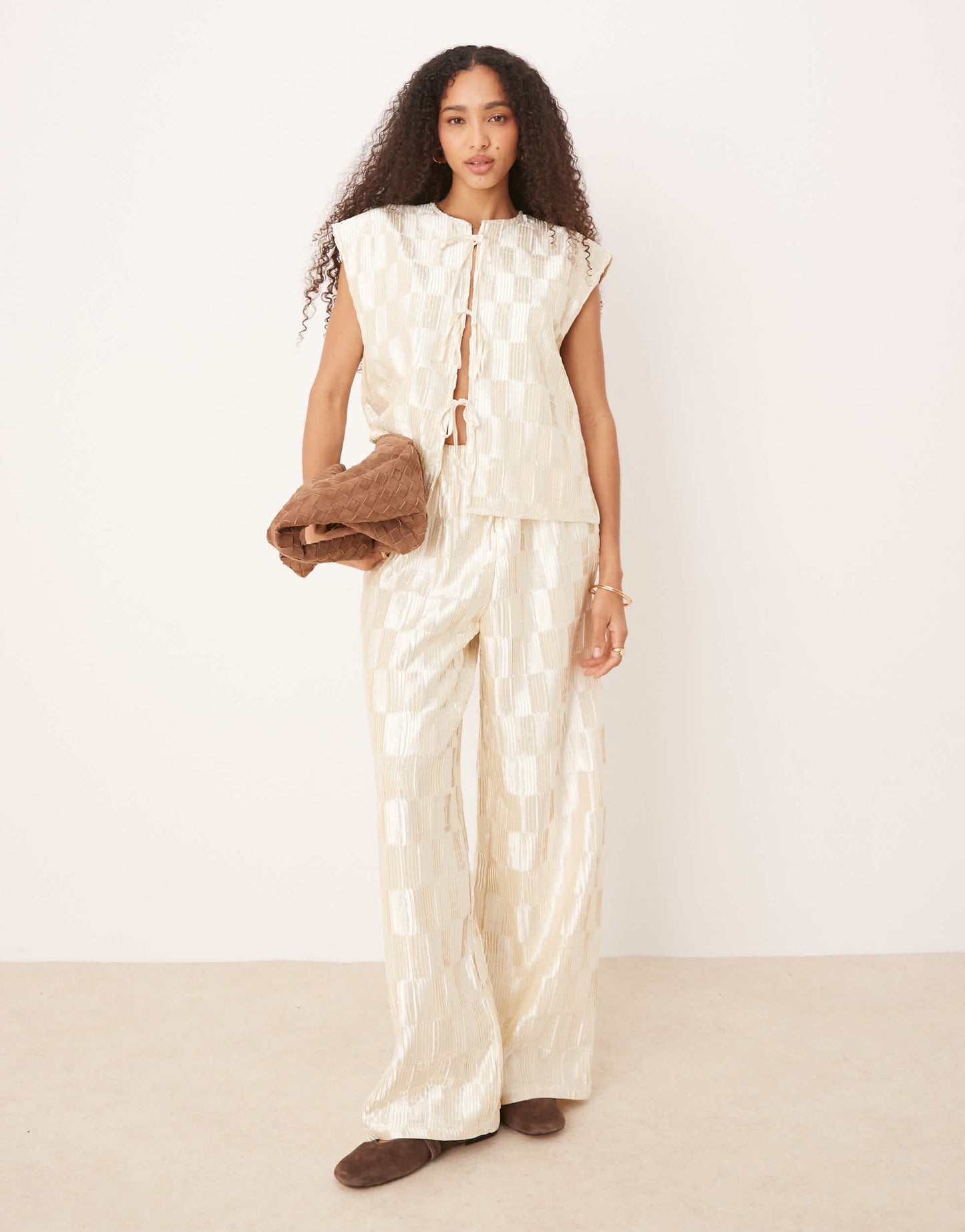 VRG GRL enni tie-front plisse smock vest co-ord top in cream