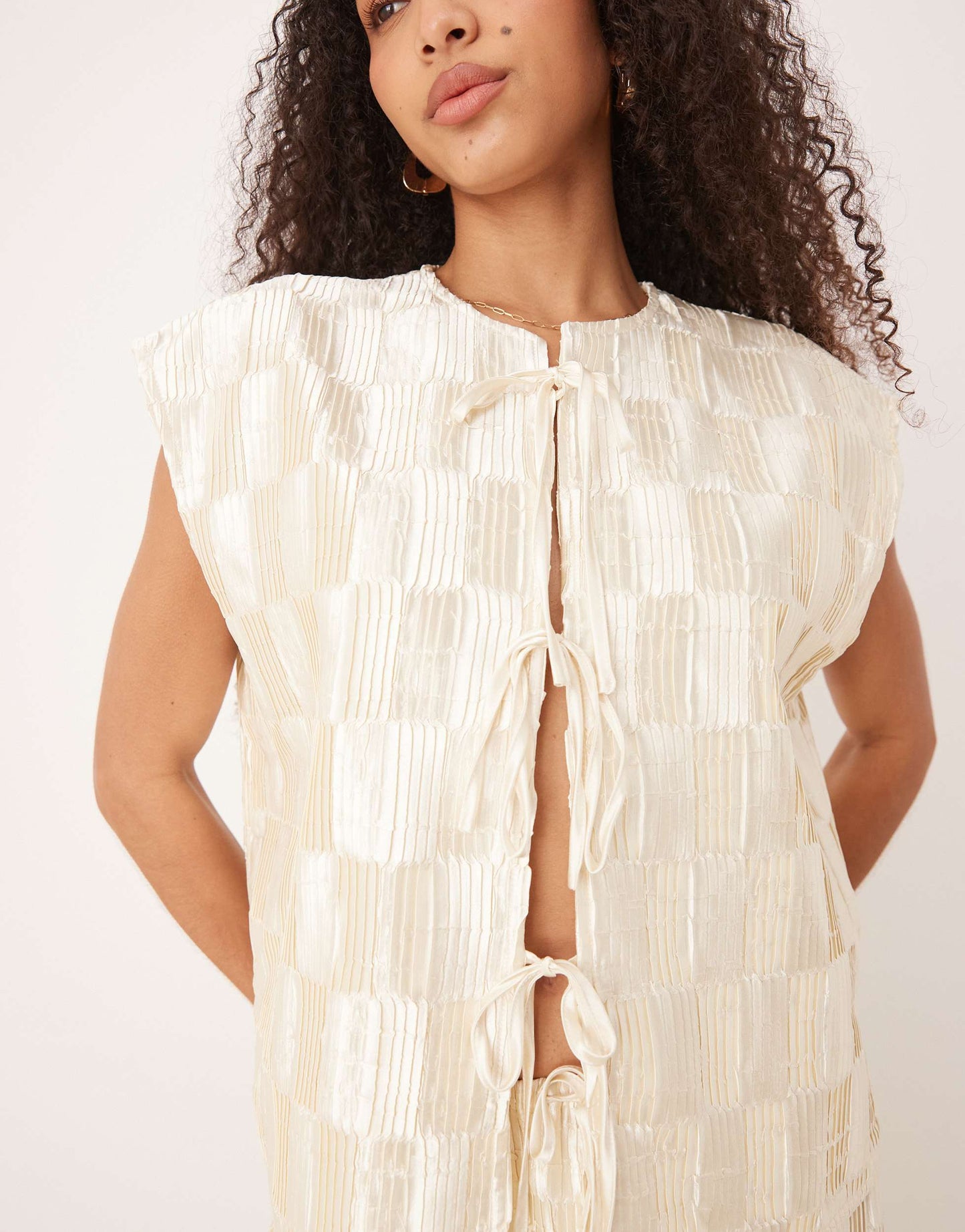 VRG GRL enni tie-front plisse smock vest co-ord top in cream