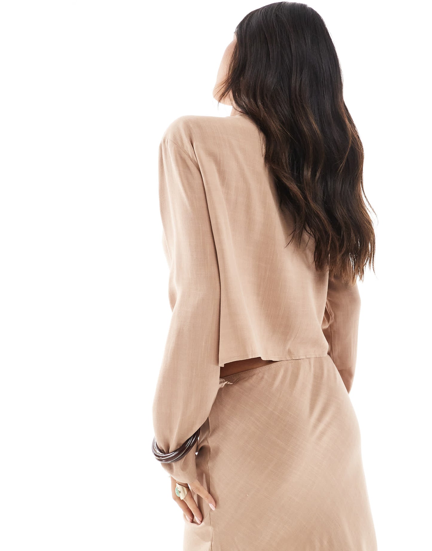 ASOS DESIGN linen look cropped co-ord button front top in stone