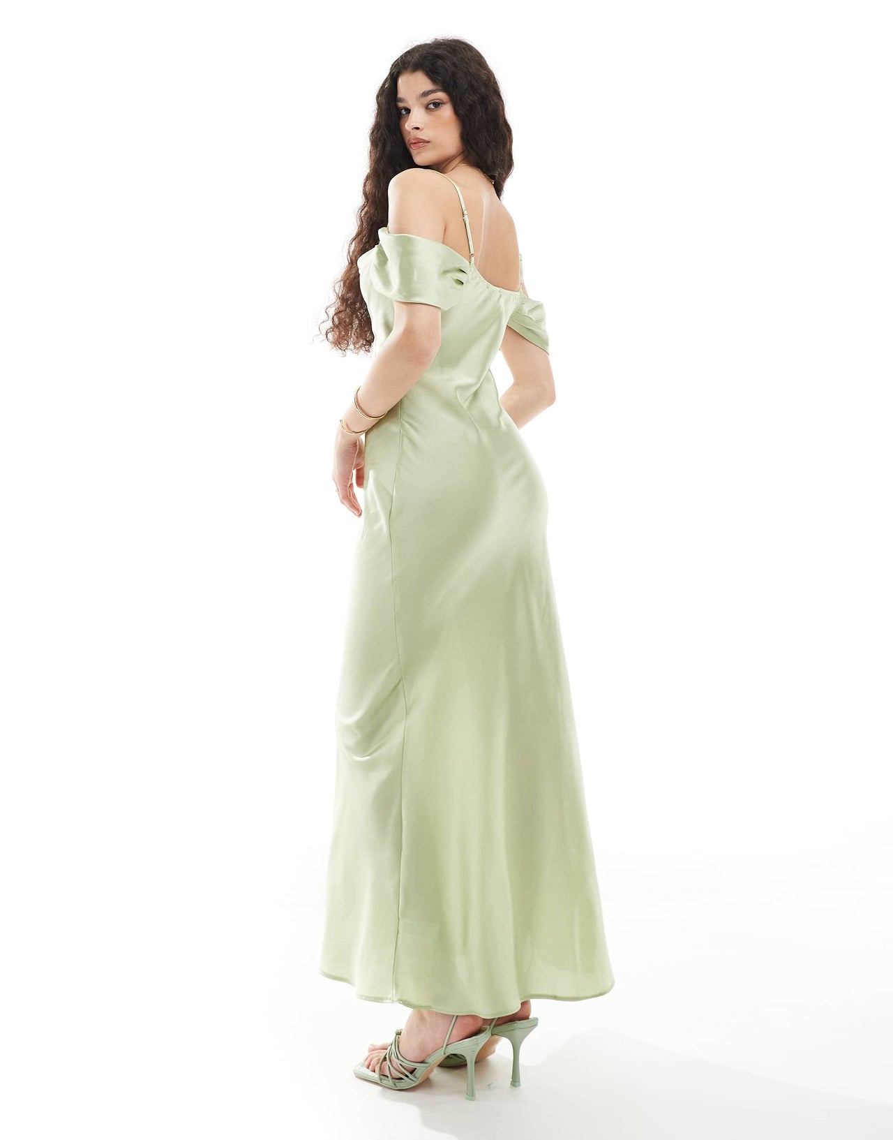 New Look bardot satin midaxi dress in sage green