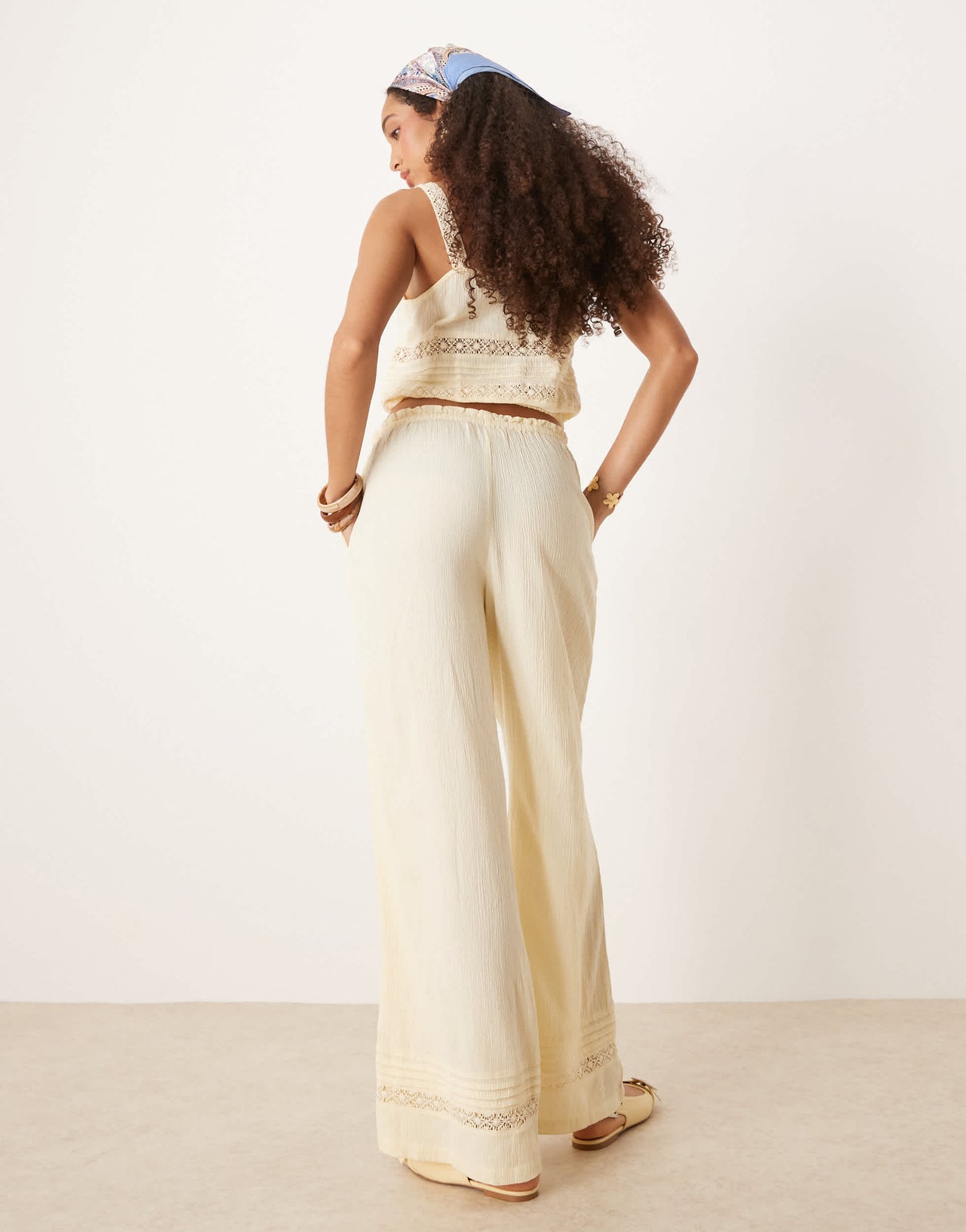 River Island crinkle trouser co-ord in light yellow