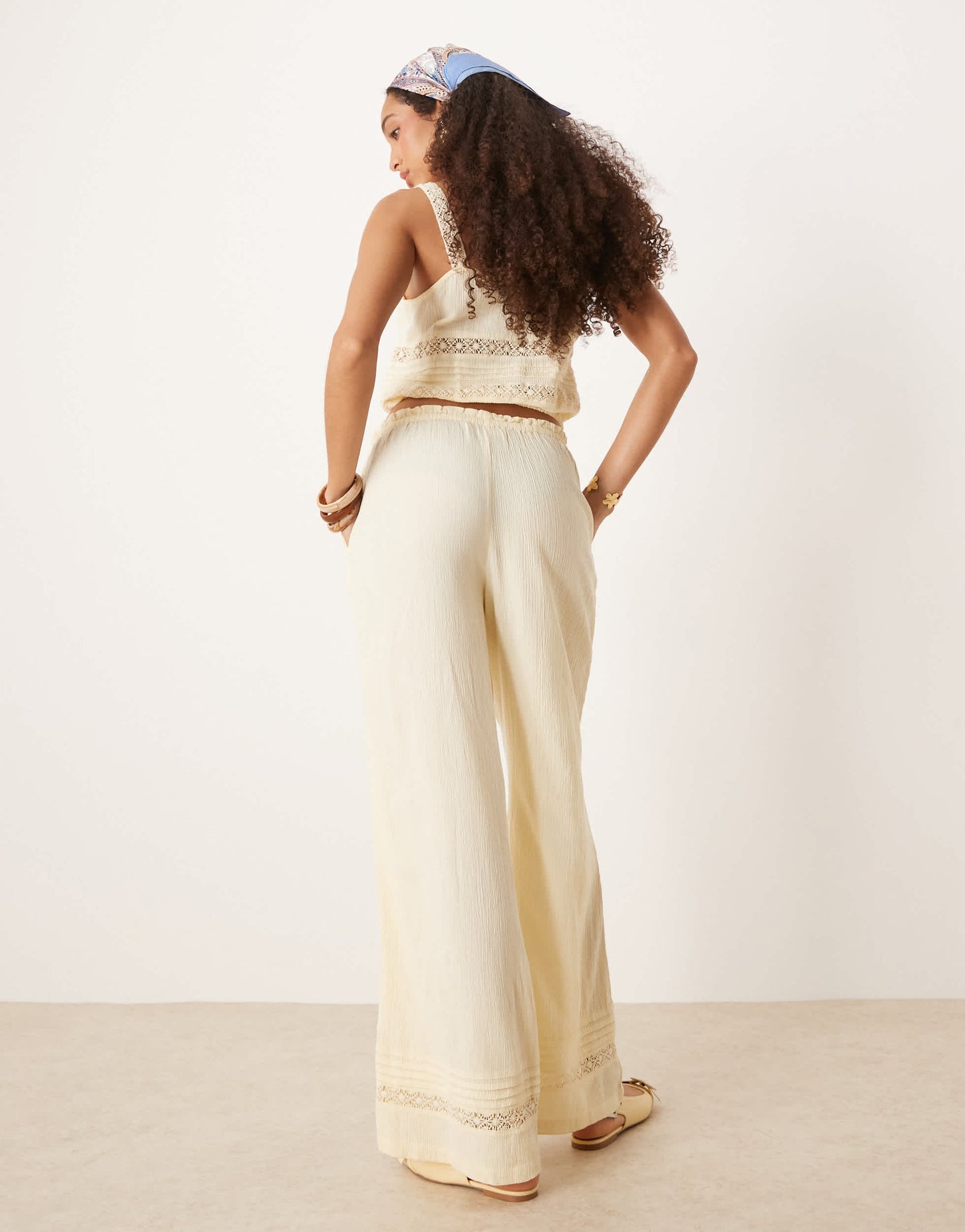 River Island crinkle trouser co-ord in light yellow