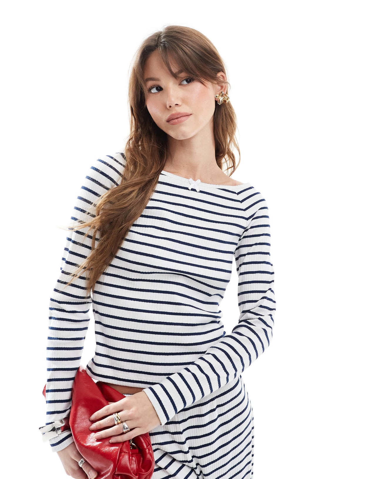 Miss Selfridge slash neck navy striped long sleeve top co ord