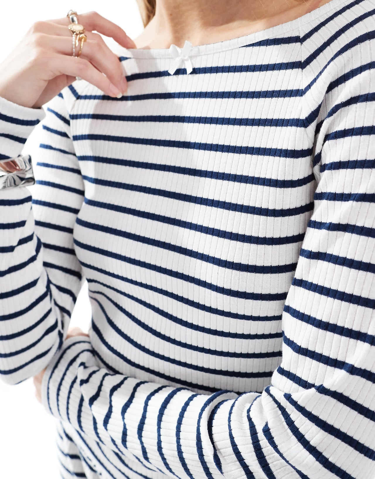 Miss Selfridge slash neck navy striped long sleeve top co ord