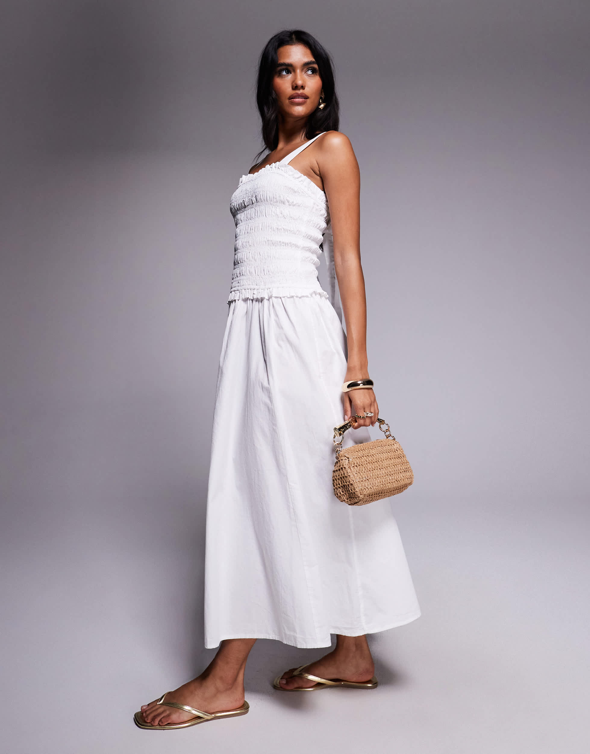 River Island shirred midi dress in white