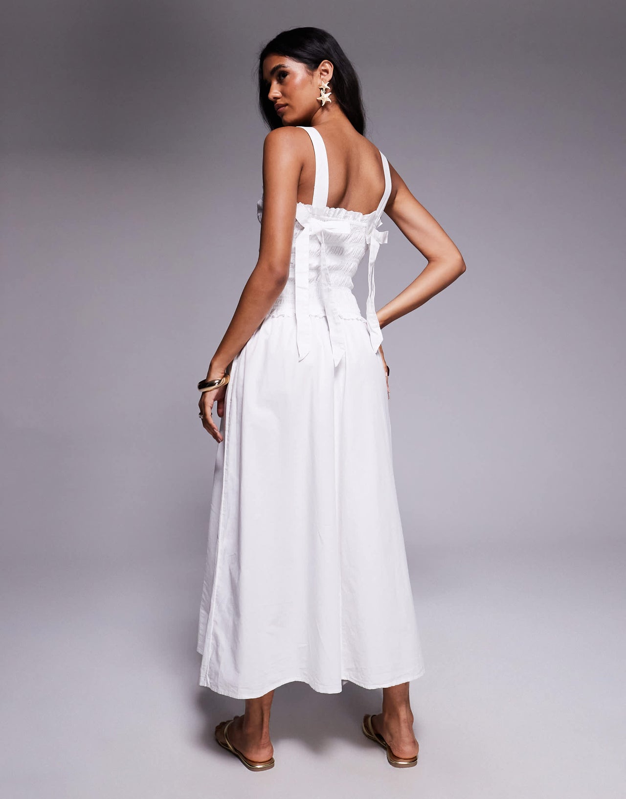 River Island shirred midi dress in white