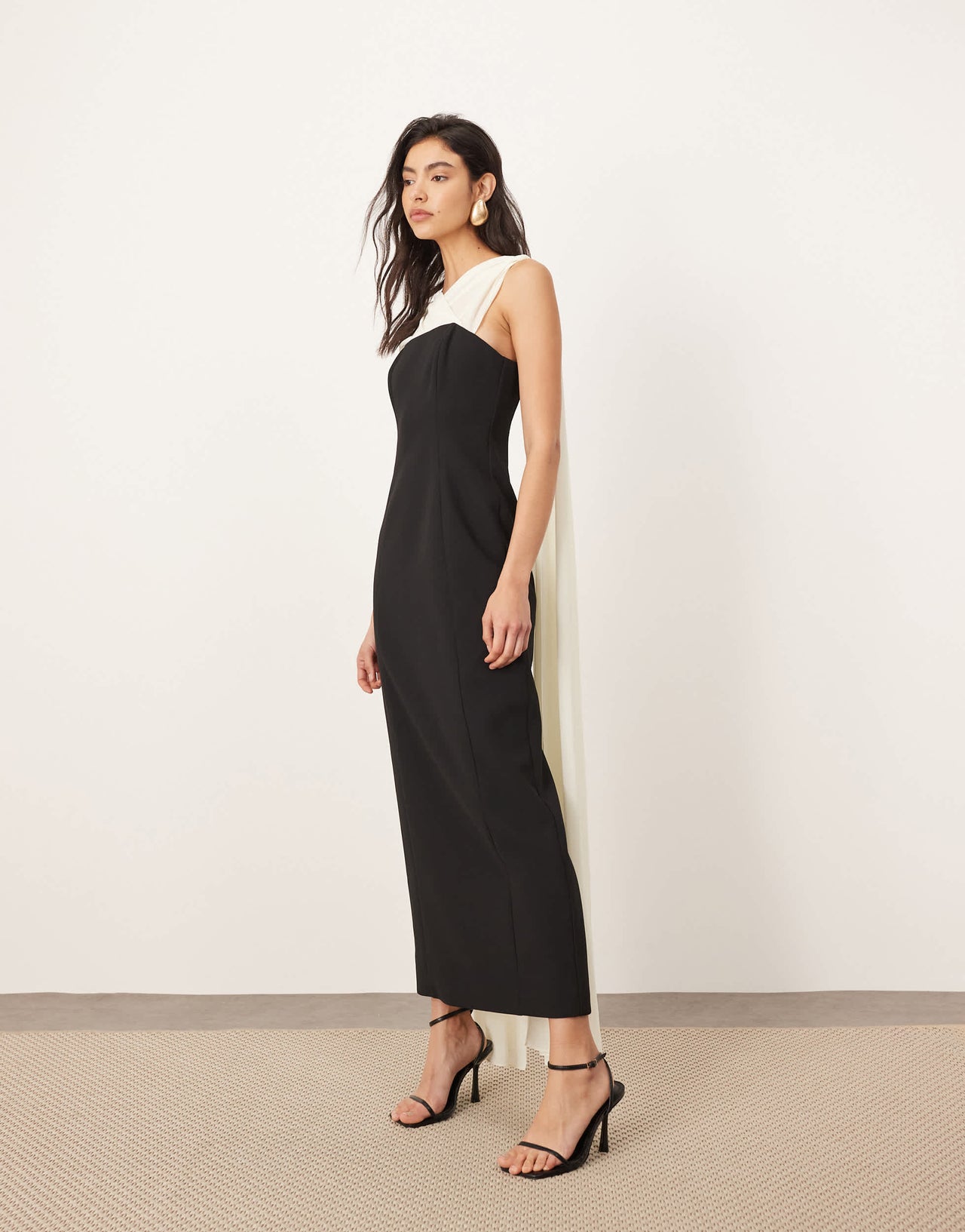 ARRANGE structured maxi dress with chiffon drape in mono