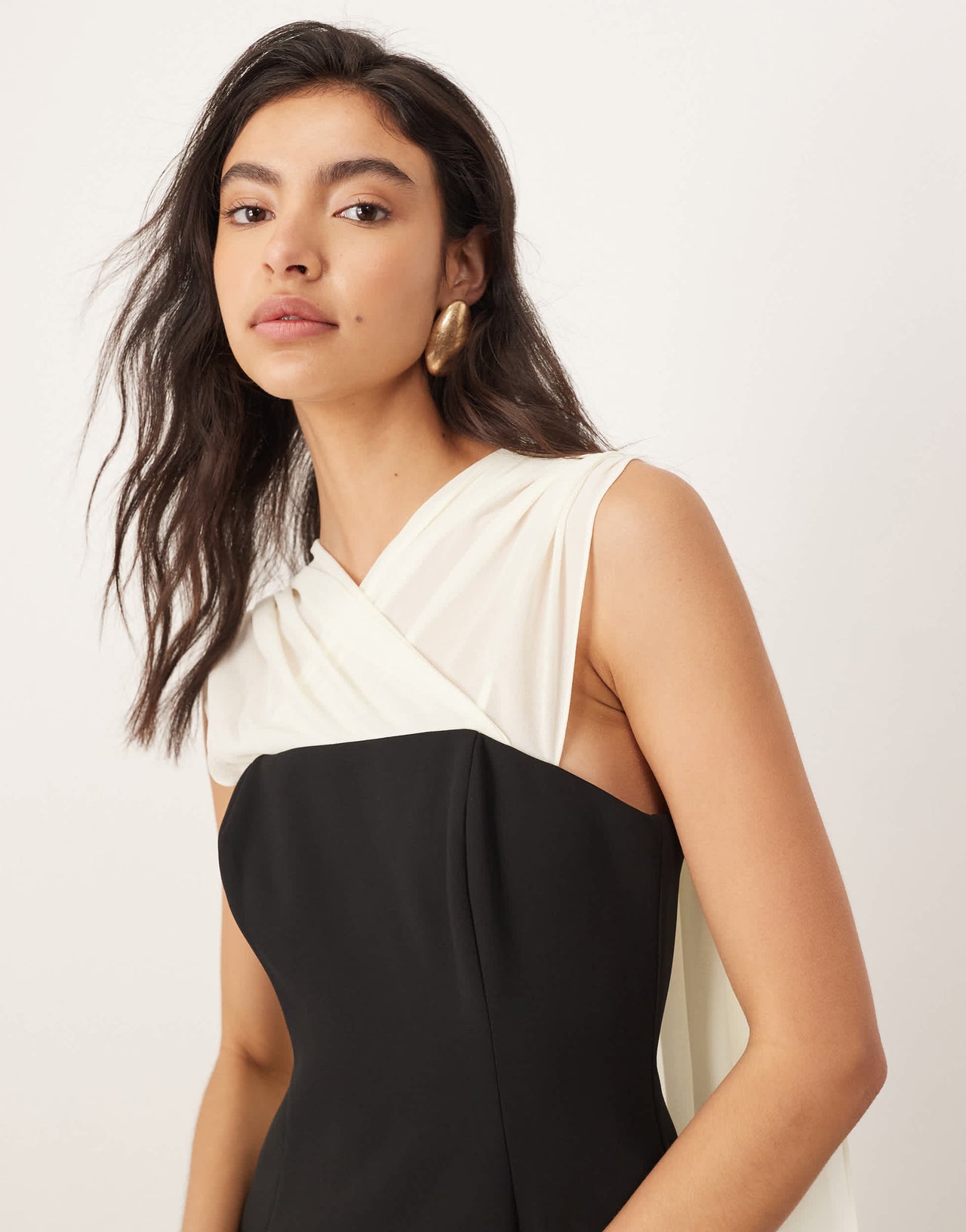 ARRANGE structured maxi dress with chiffon drape in mono