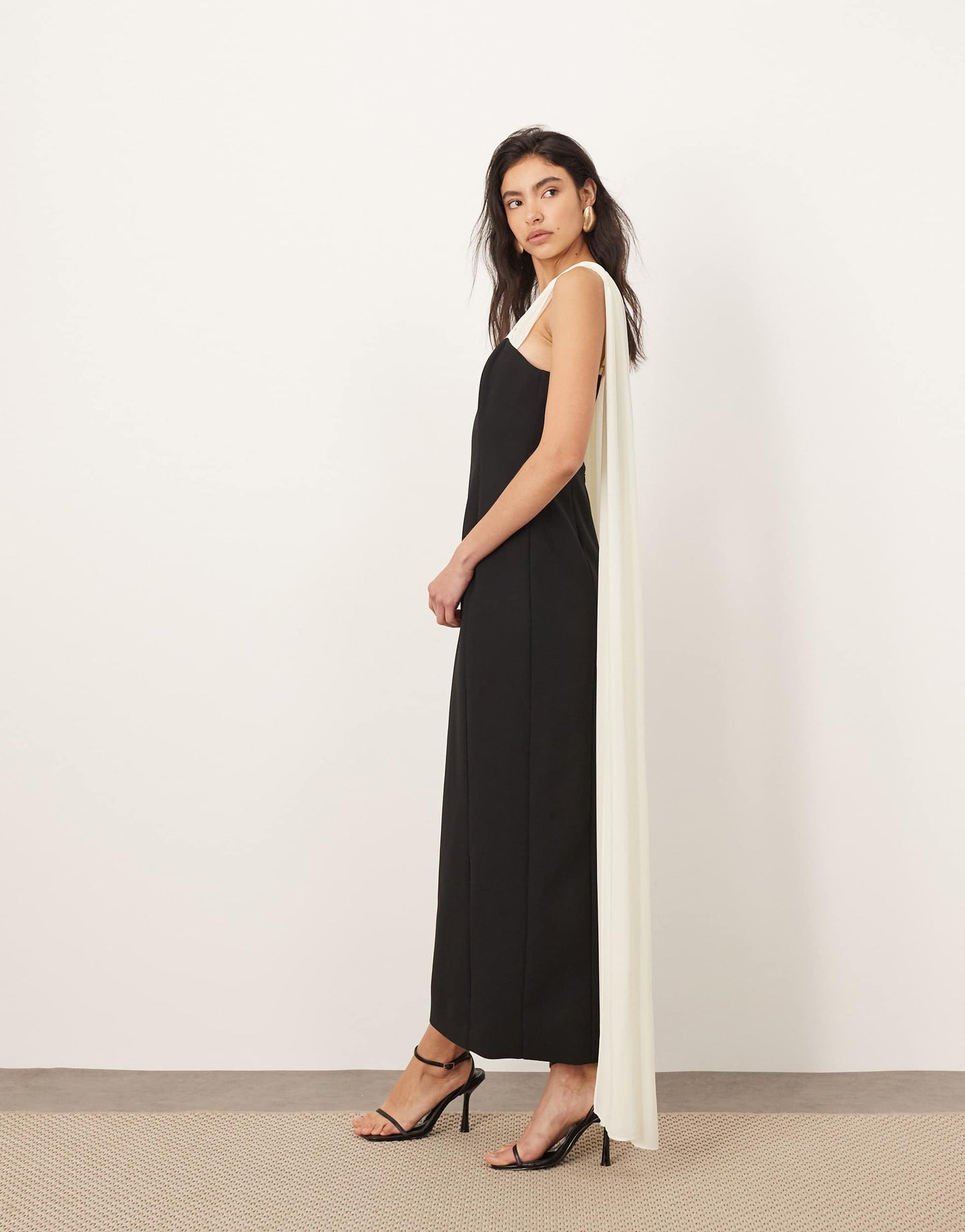 ARRANGE structured maxi dress with chiffon drape in mono