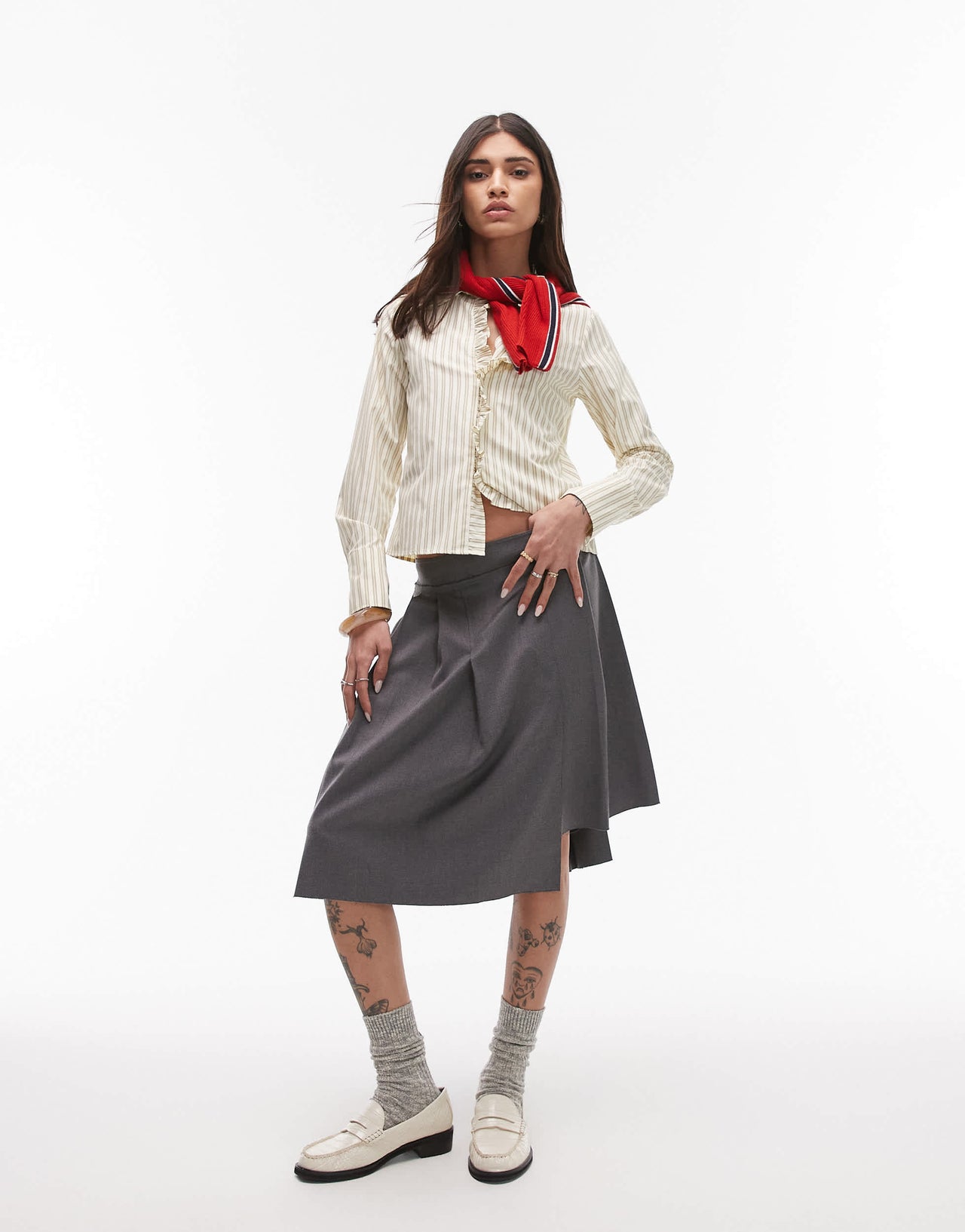 Resume fitted shirt with ruffle placket in multi creme stripe
