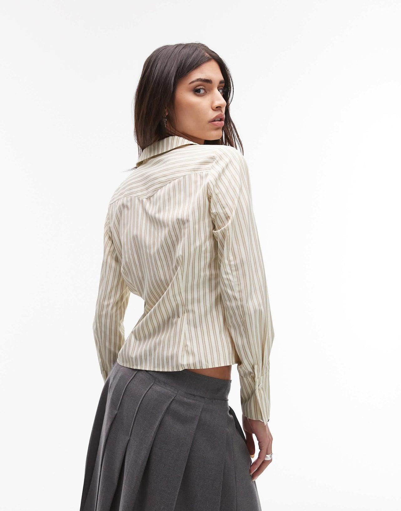 Resume fitted shirt with ruffle placket in multi creme stripe