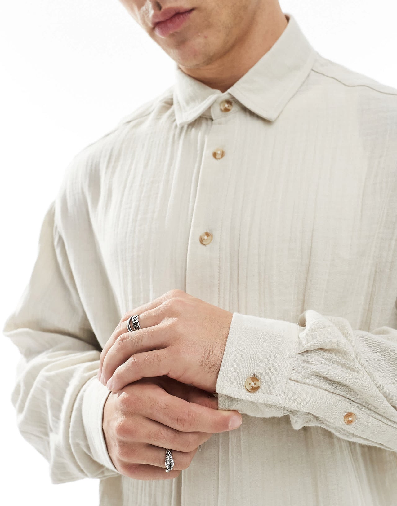 ASOS DESIGN cheesecloth textured regular shirt in stone