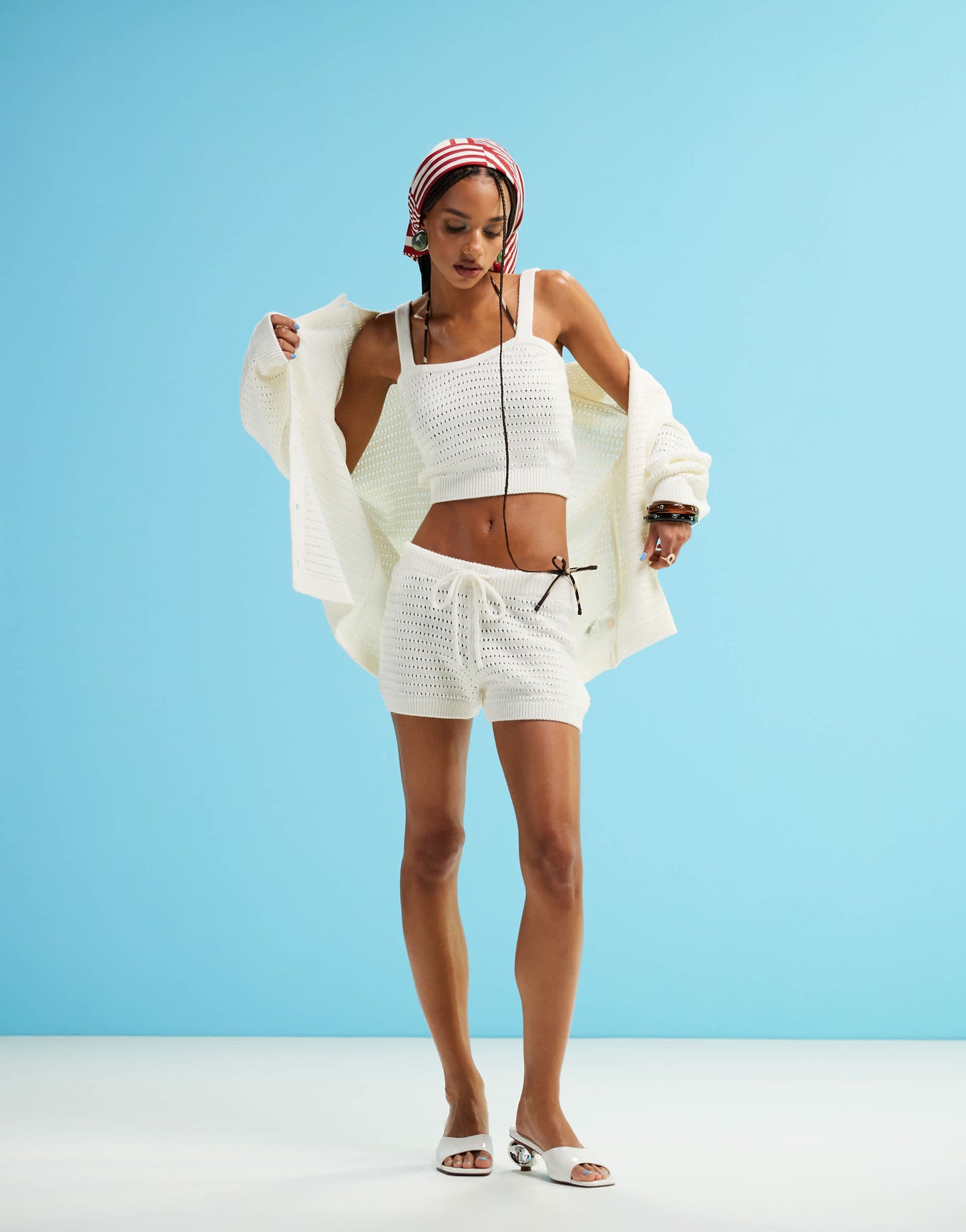 ASOS DESIGN knitted stitch mini short co-ord in cream