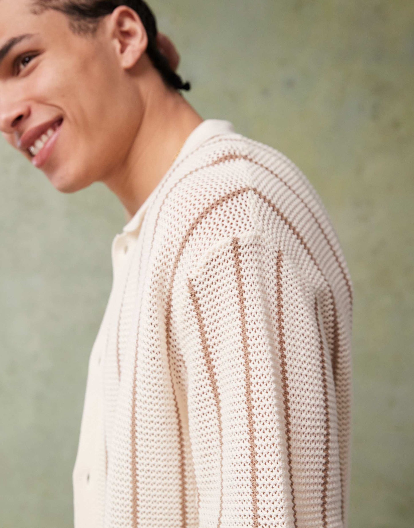 Bershka knitted button through stripe shirt in ecru
