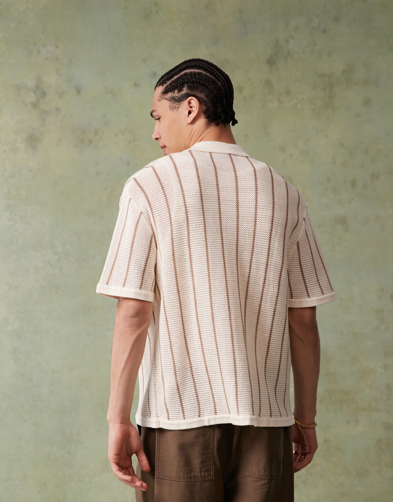 Bershka knitted button through stripe shirt in ecru