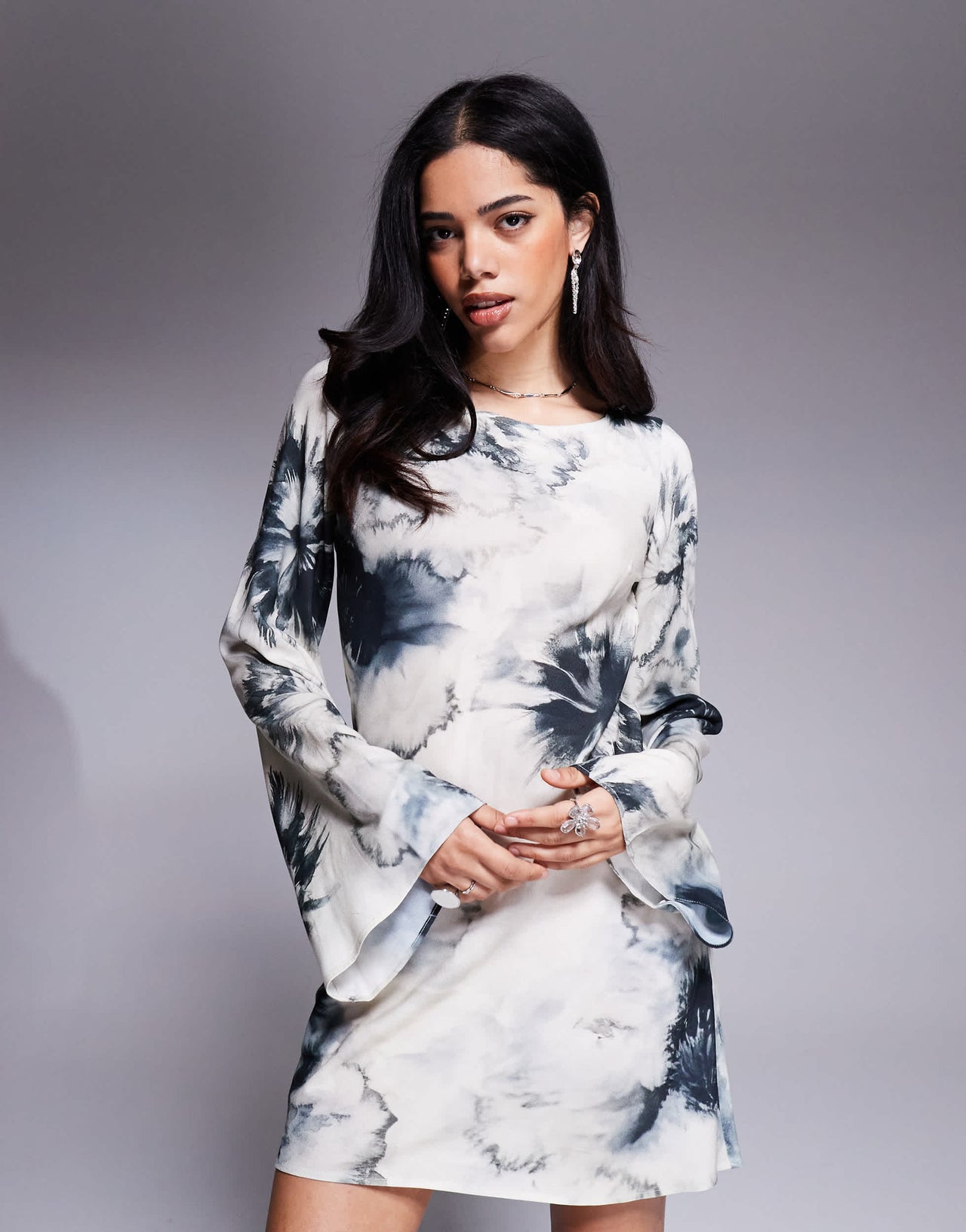 ASOS DESIGN slash neck biased mini in blow up floral print