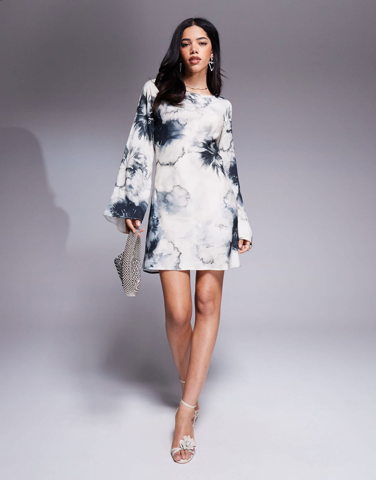 ASOS DESIGN slash neck biased mini in blow up floral print