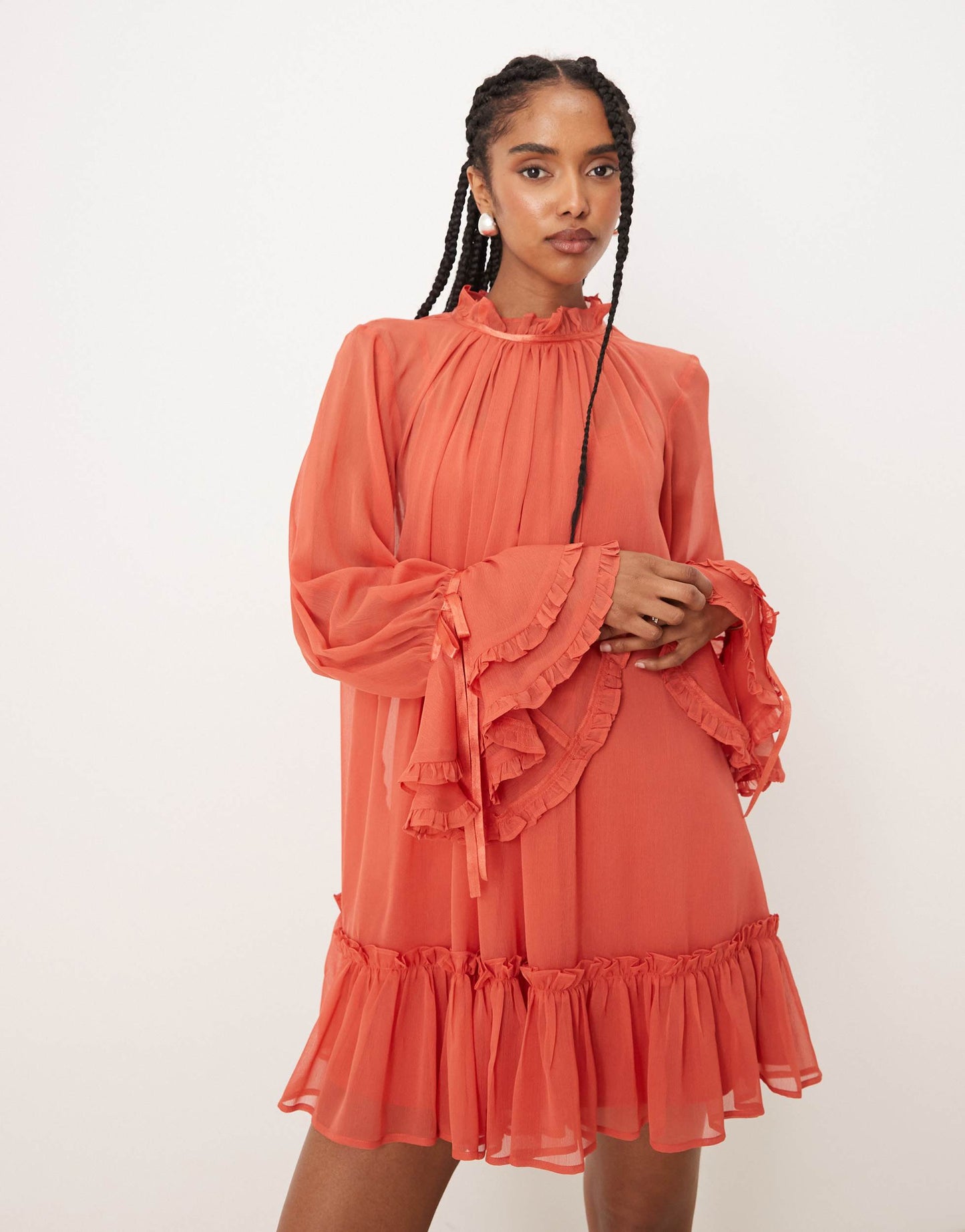 ASOS DESIGN smock mini dress with tiered ruffle cuff & satin bows in burnt orange