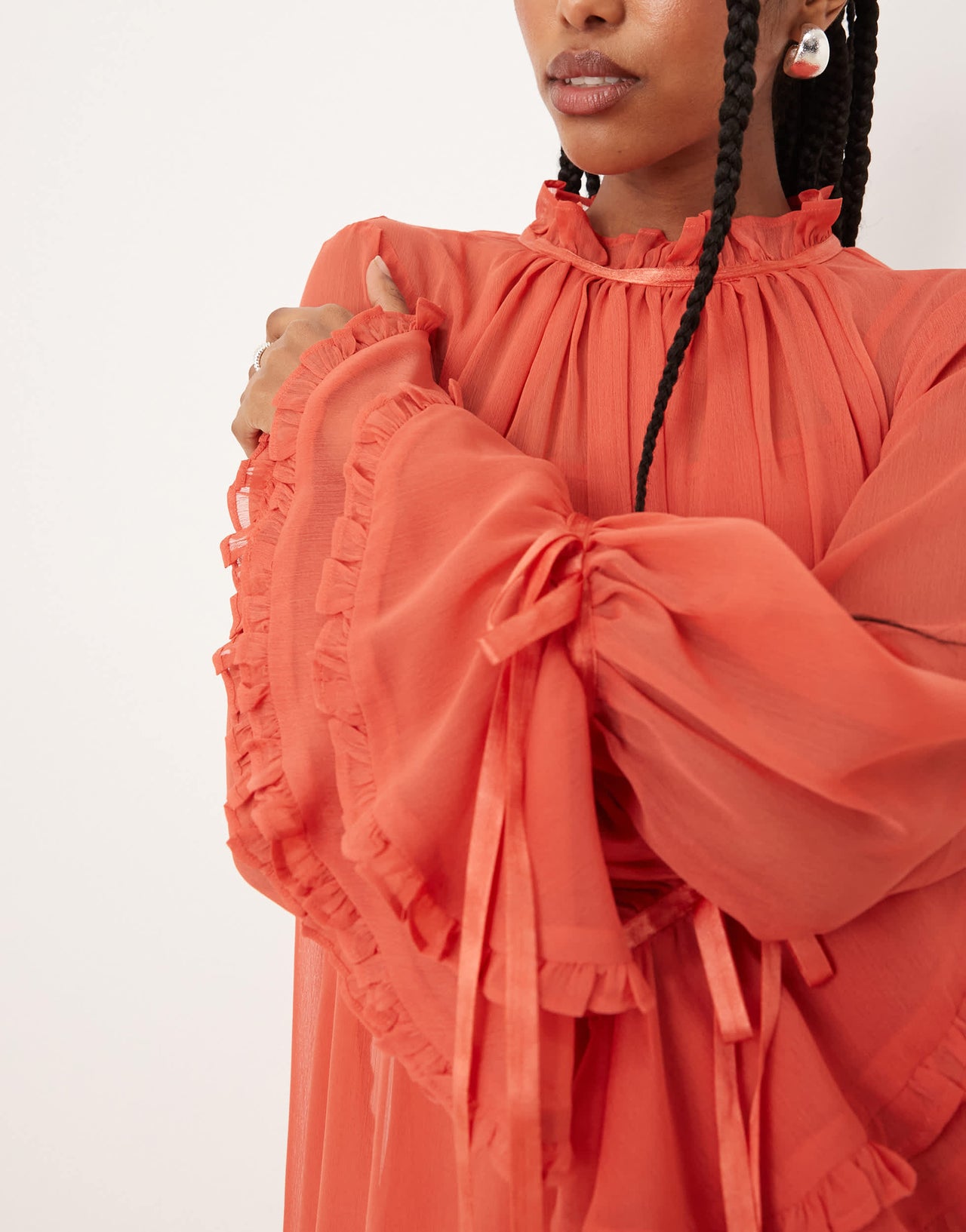 ASOS DESIGN smock mini dress with tiered ruffle cuff & satin bows in burnt orange