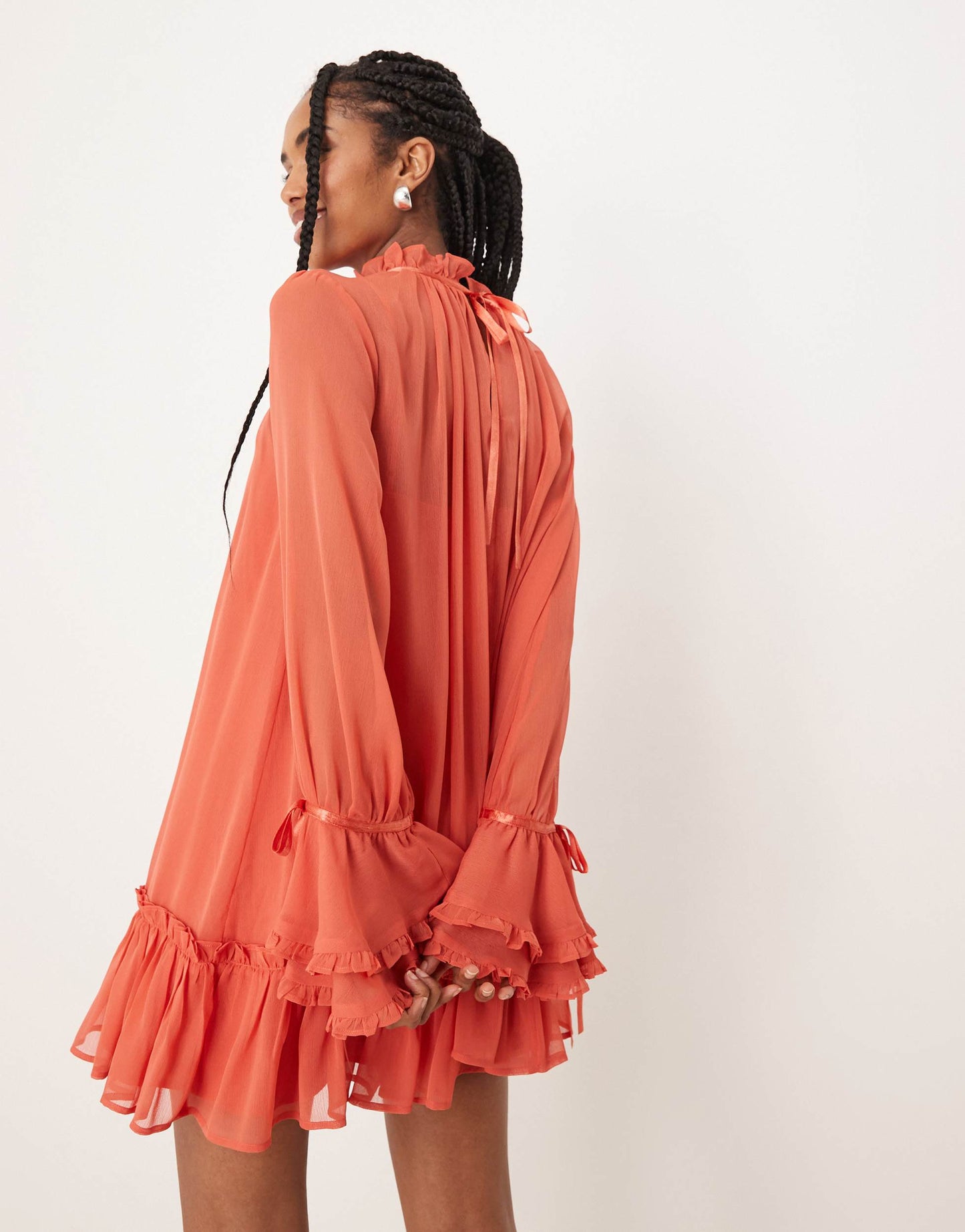 ASOS DESIGN smock mini dress with tiered ruffle cuff & satin bows in burnt orange