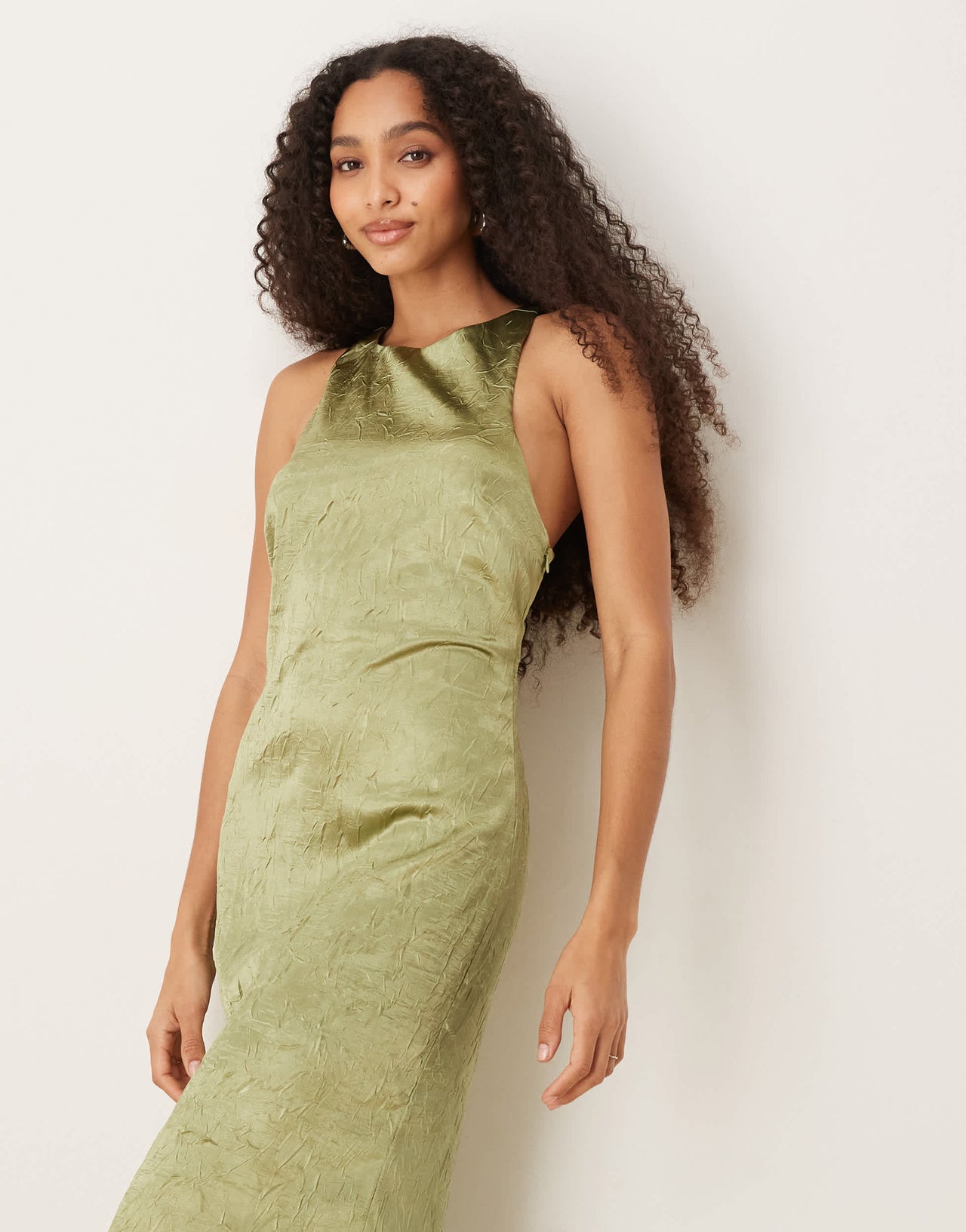 ASOS DESIGN racer twist back crinkle satin maxi dress in olive