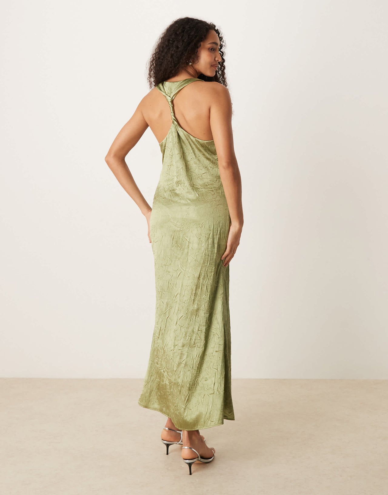 ASOS DESIGN racer twist back crinkle satin maxi dress in olive