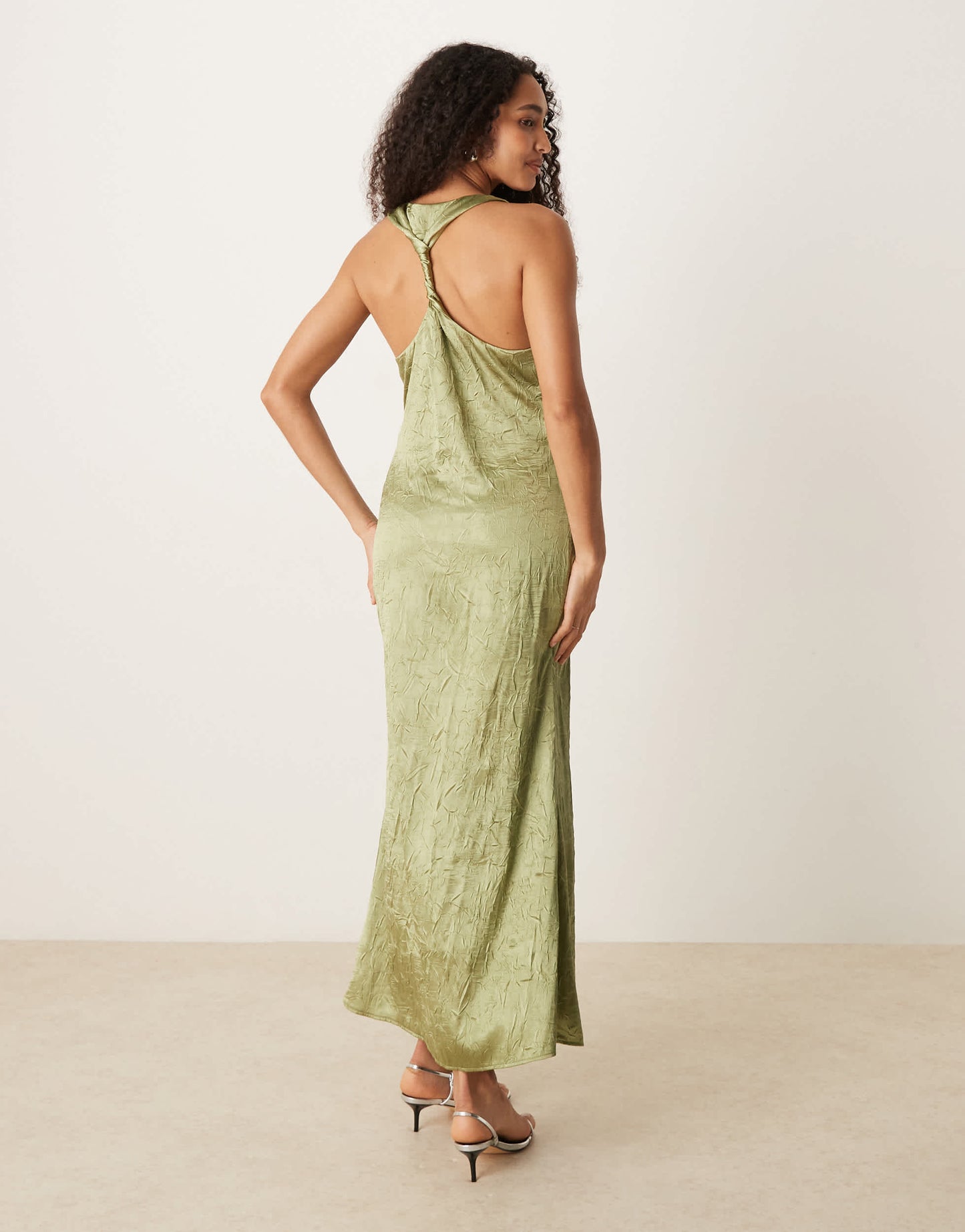 ASOS DESIGN racer twist back crinkle satin maxi dress in olive