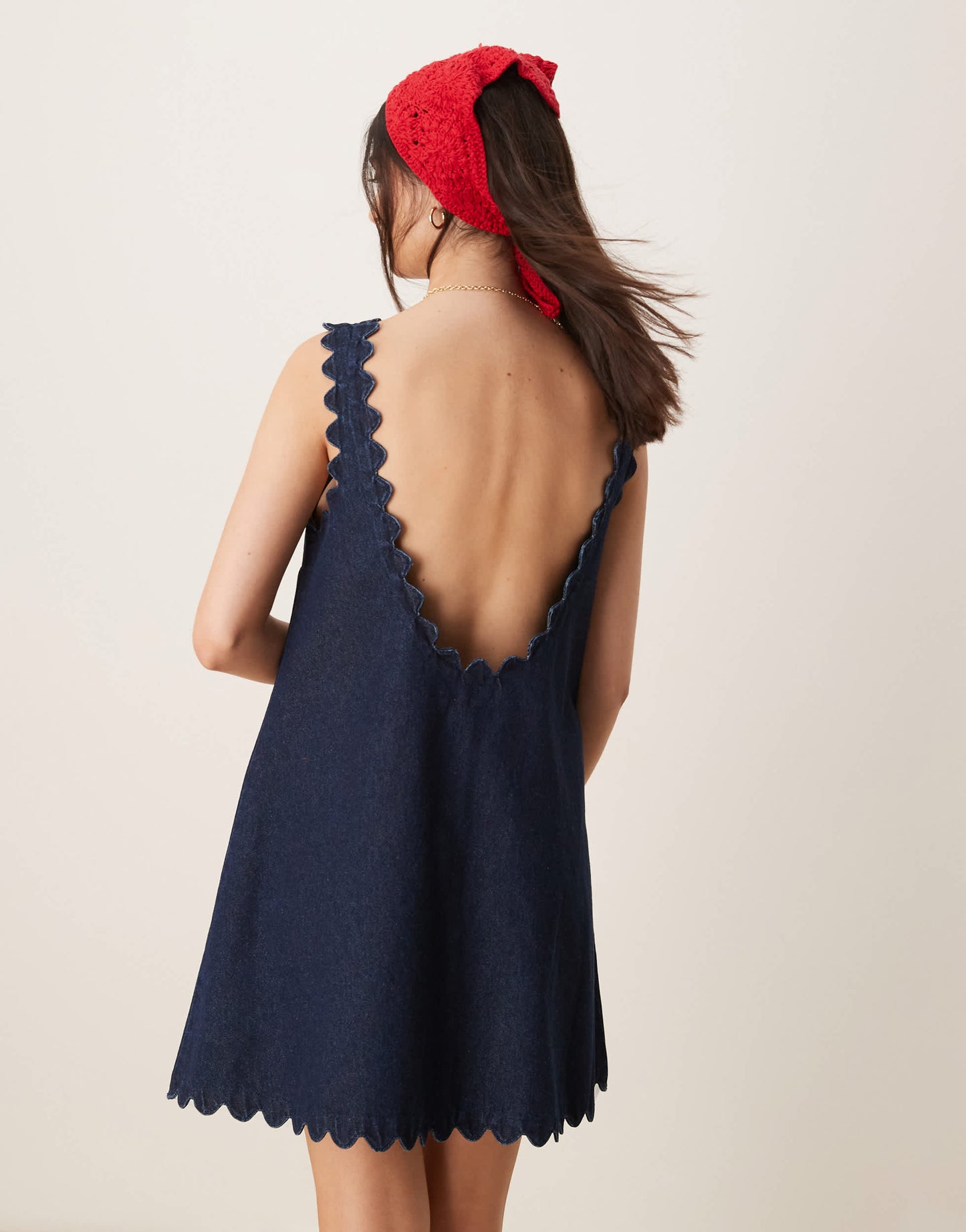 ASOS DESIGN denim mini dress with scallop edge in rinse