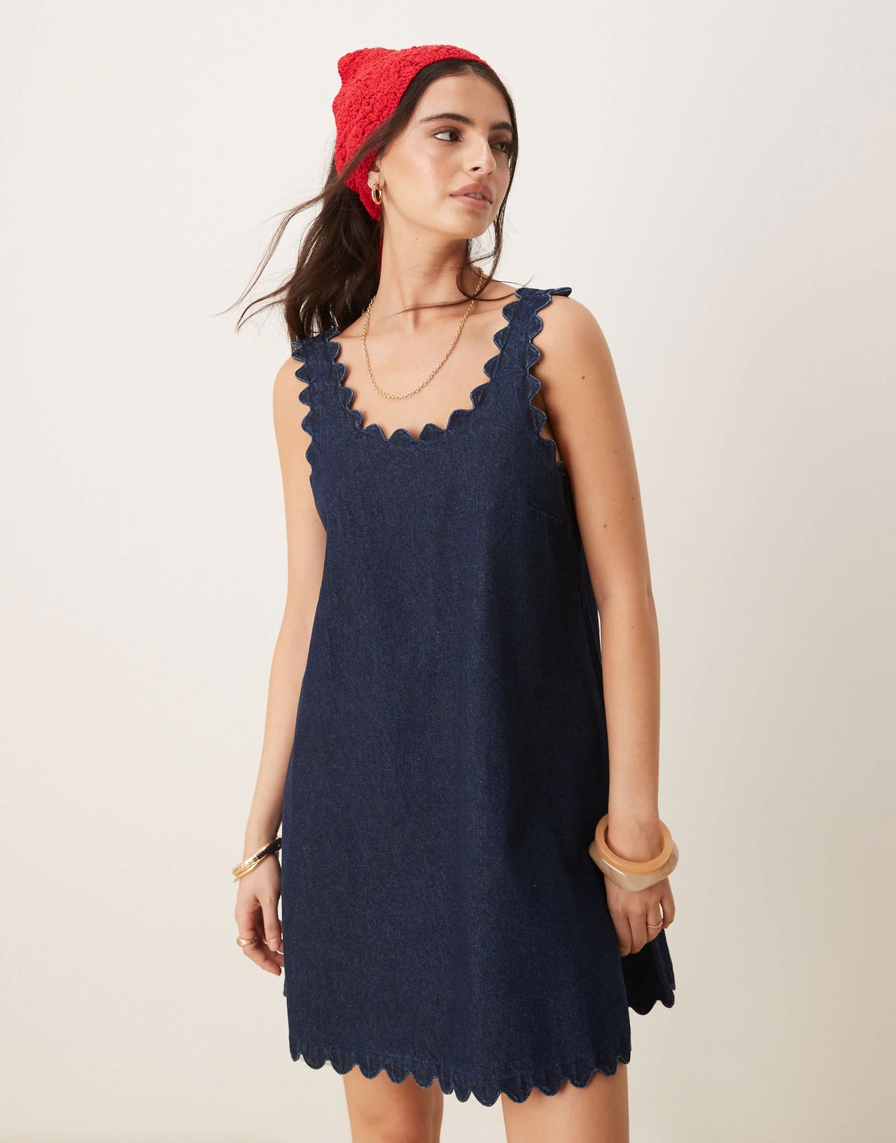 ASOS DESIGN denim mini dress with scallop edge in rinse