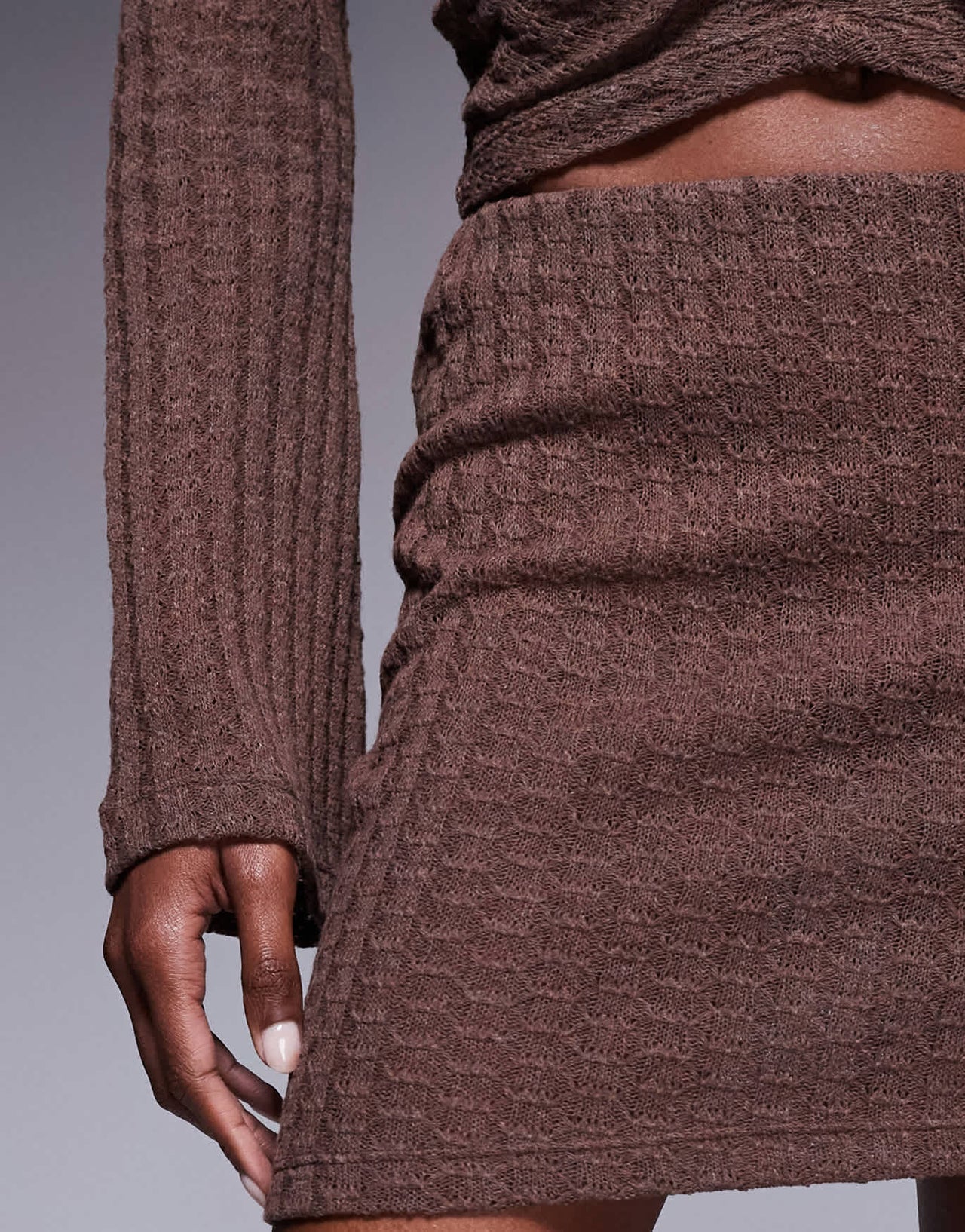 ASOS DESIGN co-ord crochet knit mini skirt in brown