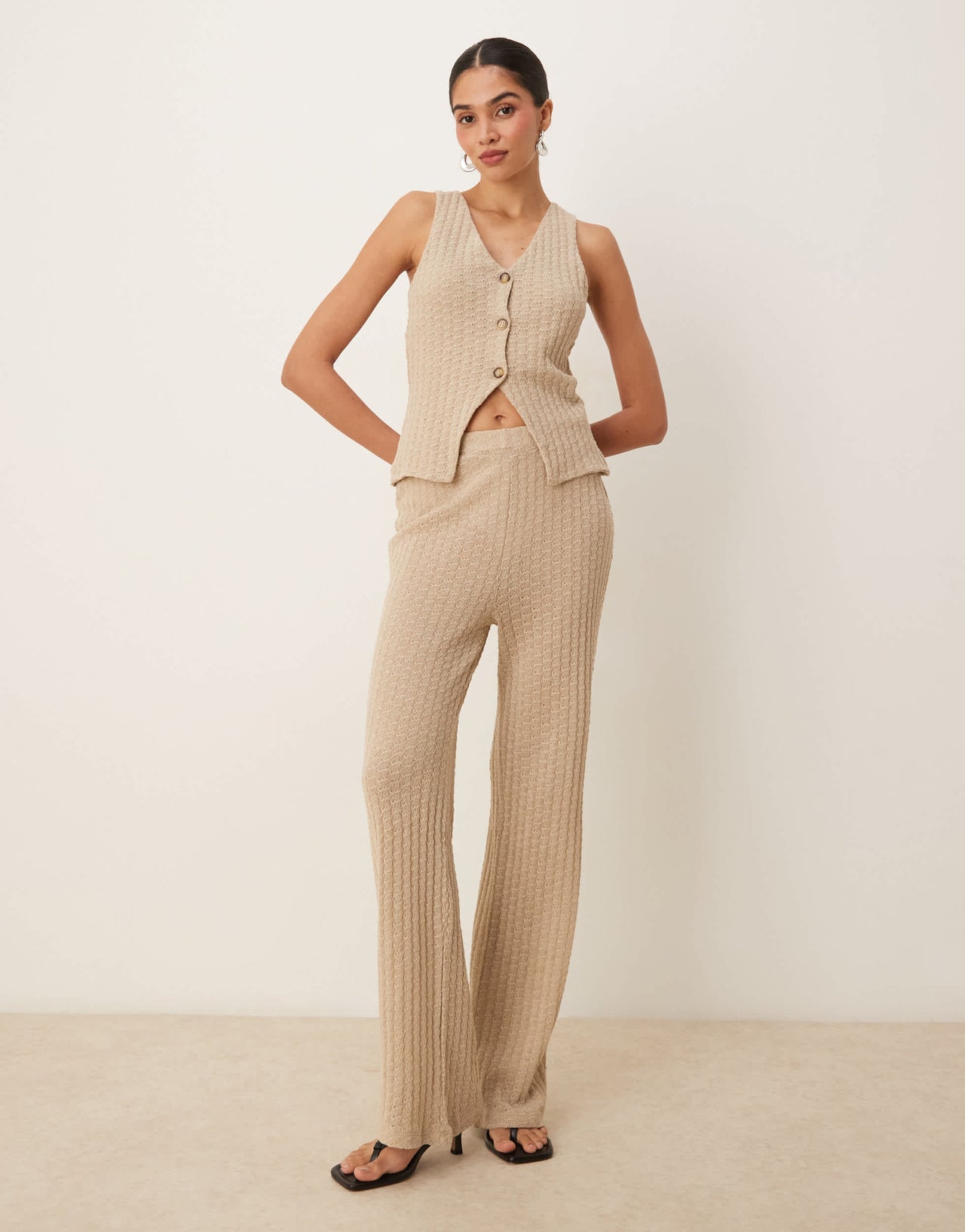 ASOS DESIGN co-ord knit button through sleeveless waistcoat in stone