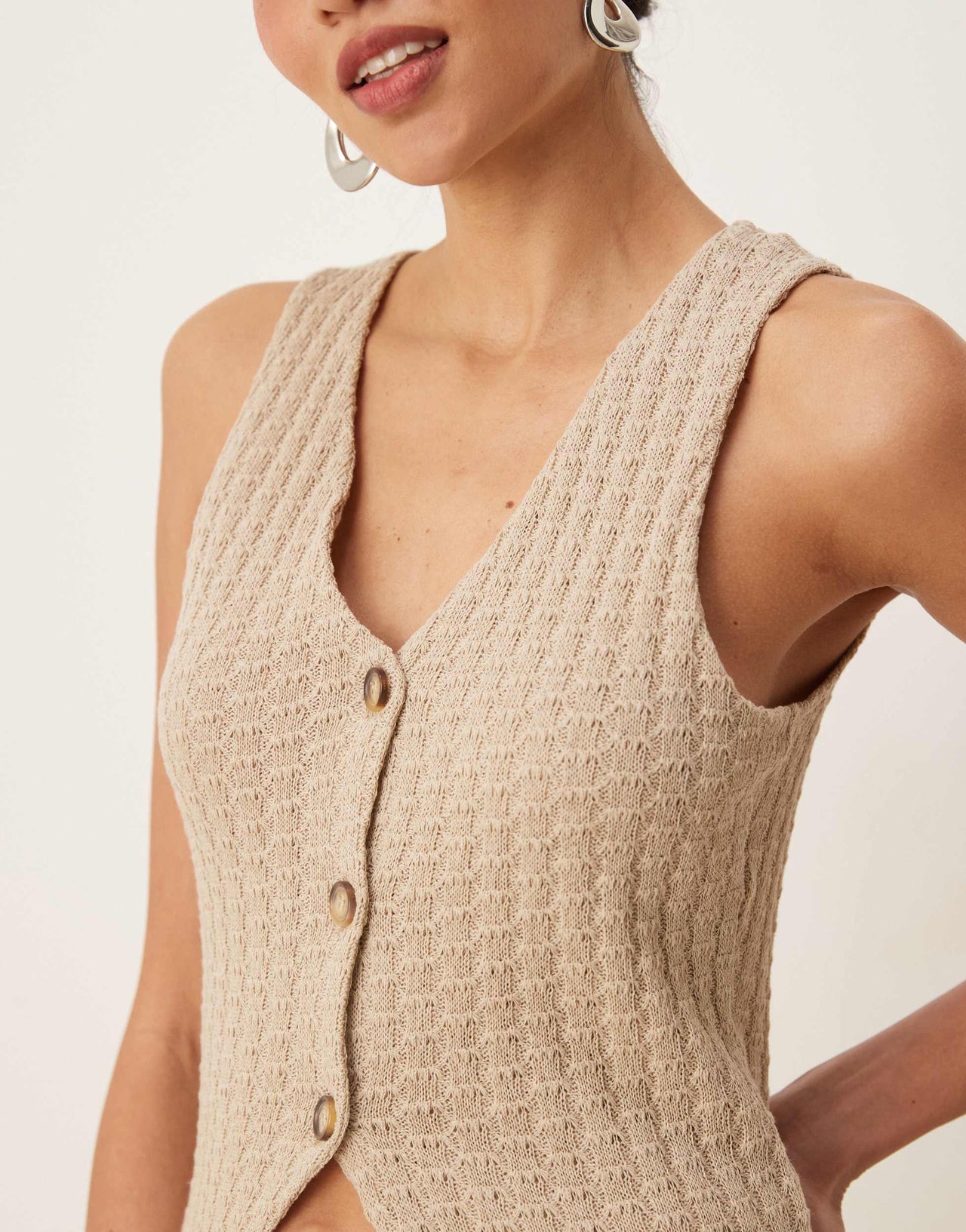 ASOS DESIGN co-ord knit button through sleeveless waistcoat in stone