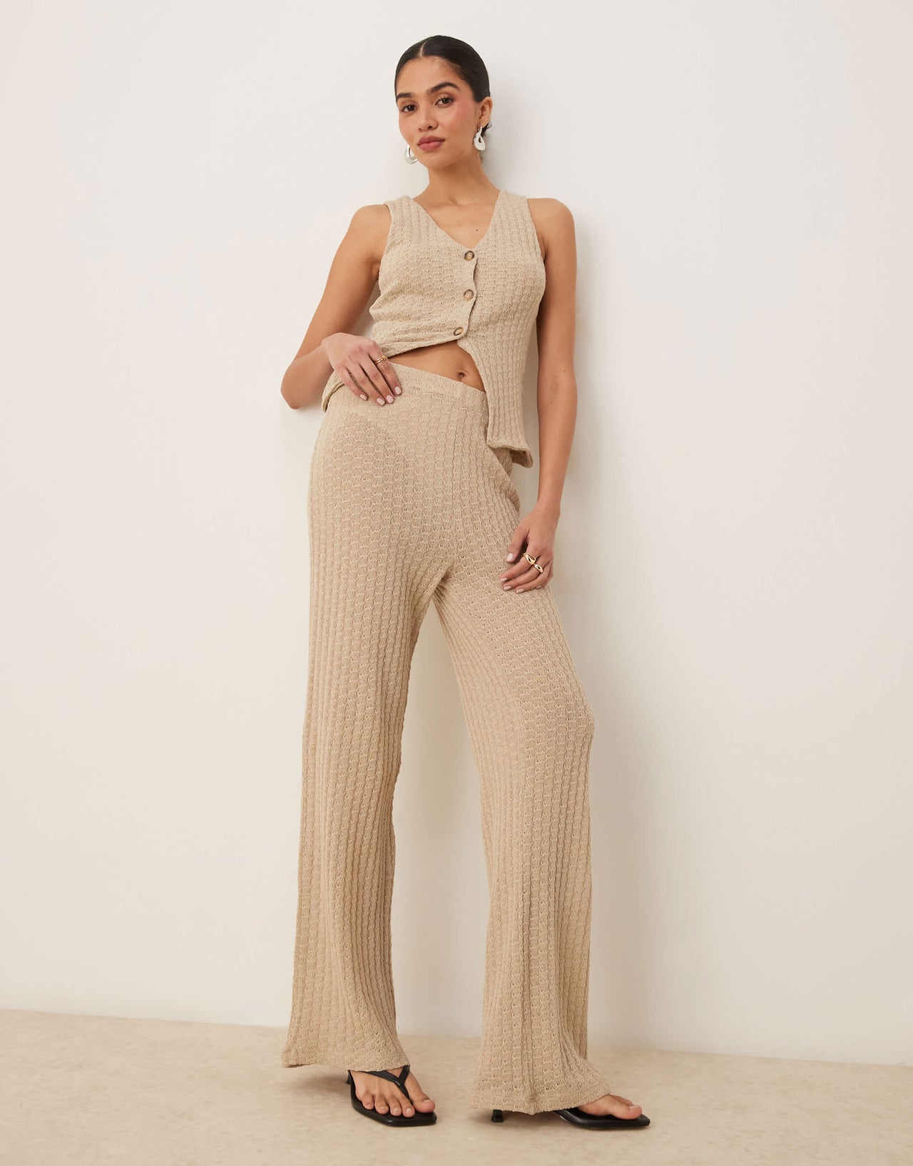 ASOS DESIGN co-ord semi sheer knit wide leg trouser in stone
