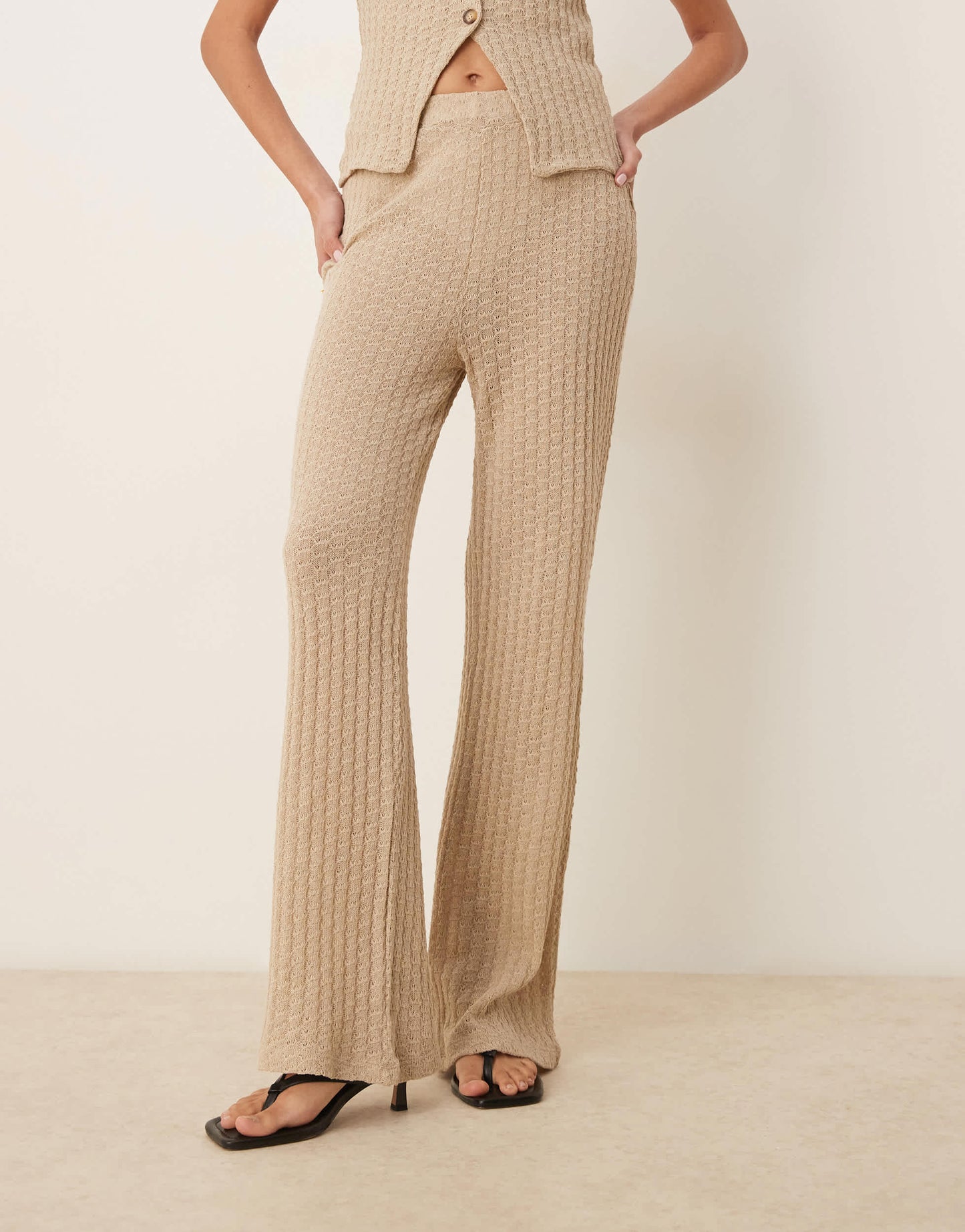 ASOS DESIGN co-ord semi sheer knit wide leg trouser in stone