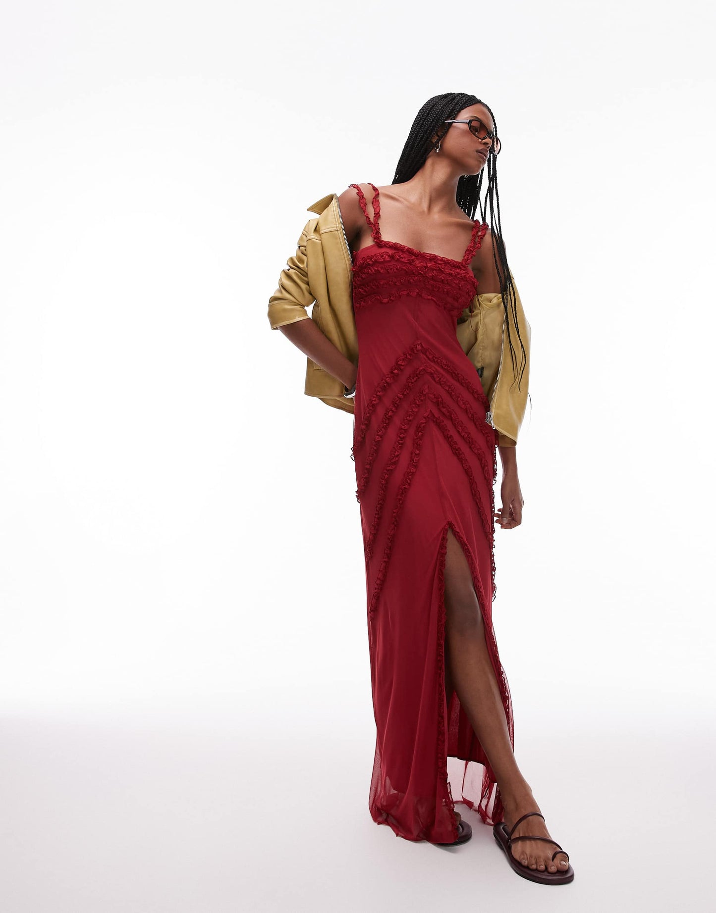 LAAGAM arabella ruffle maxi dress in burgundy