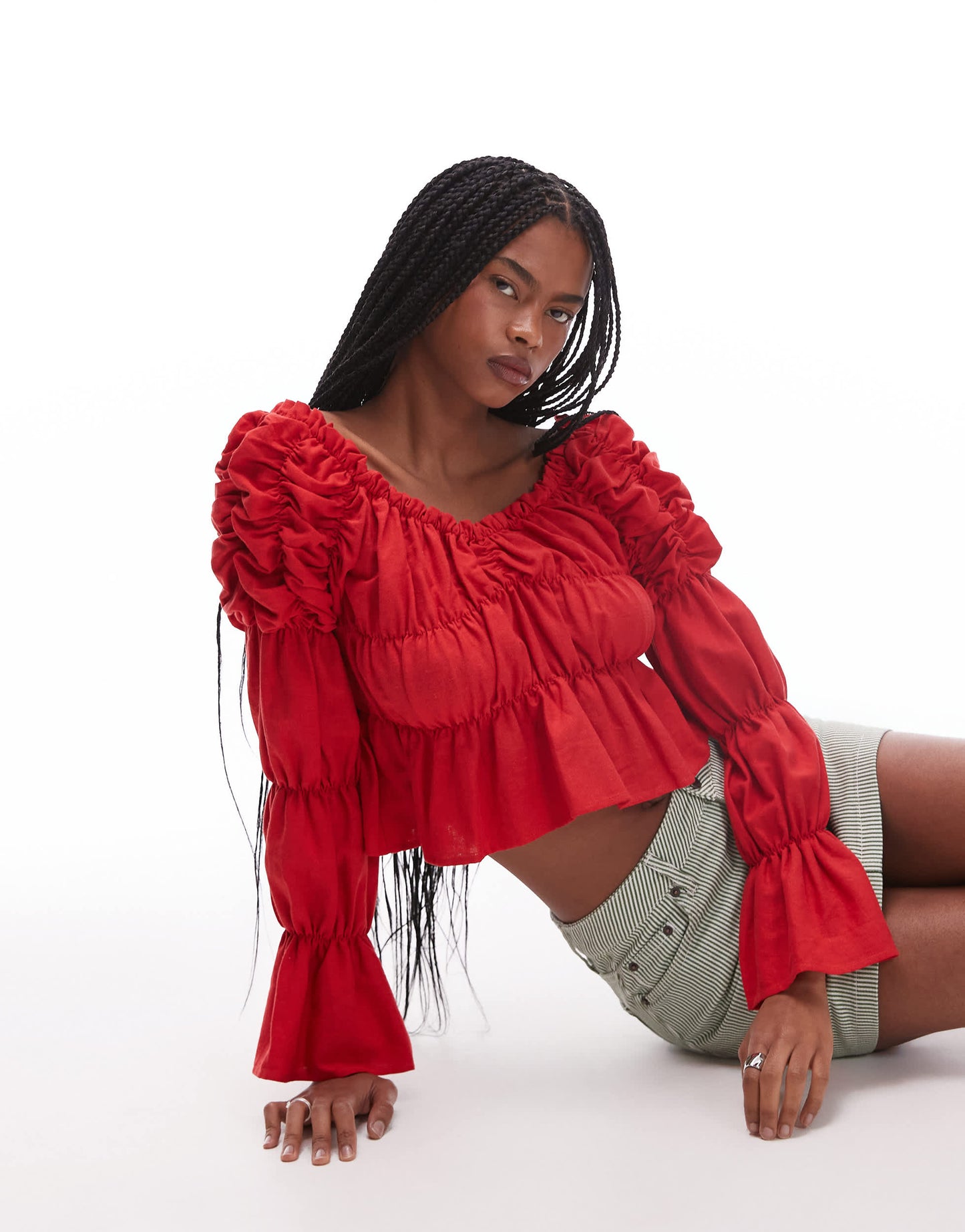 LAAGAM sadie red linen ruched blouse in red