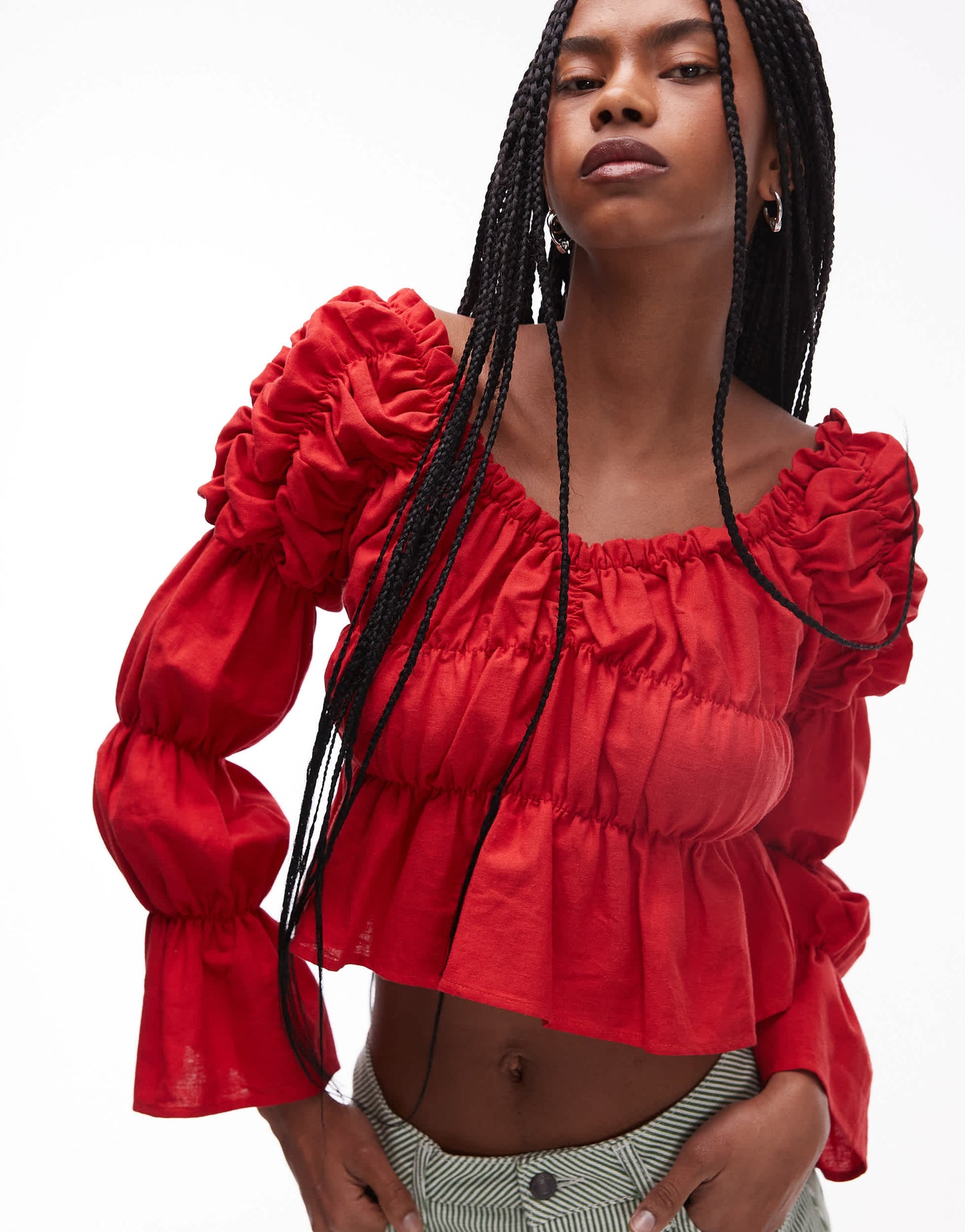 LAAGAM sadie red linen ruched blouse in red