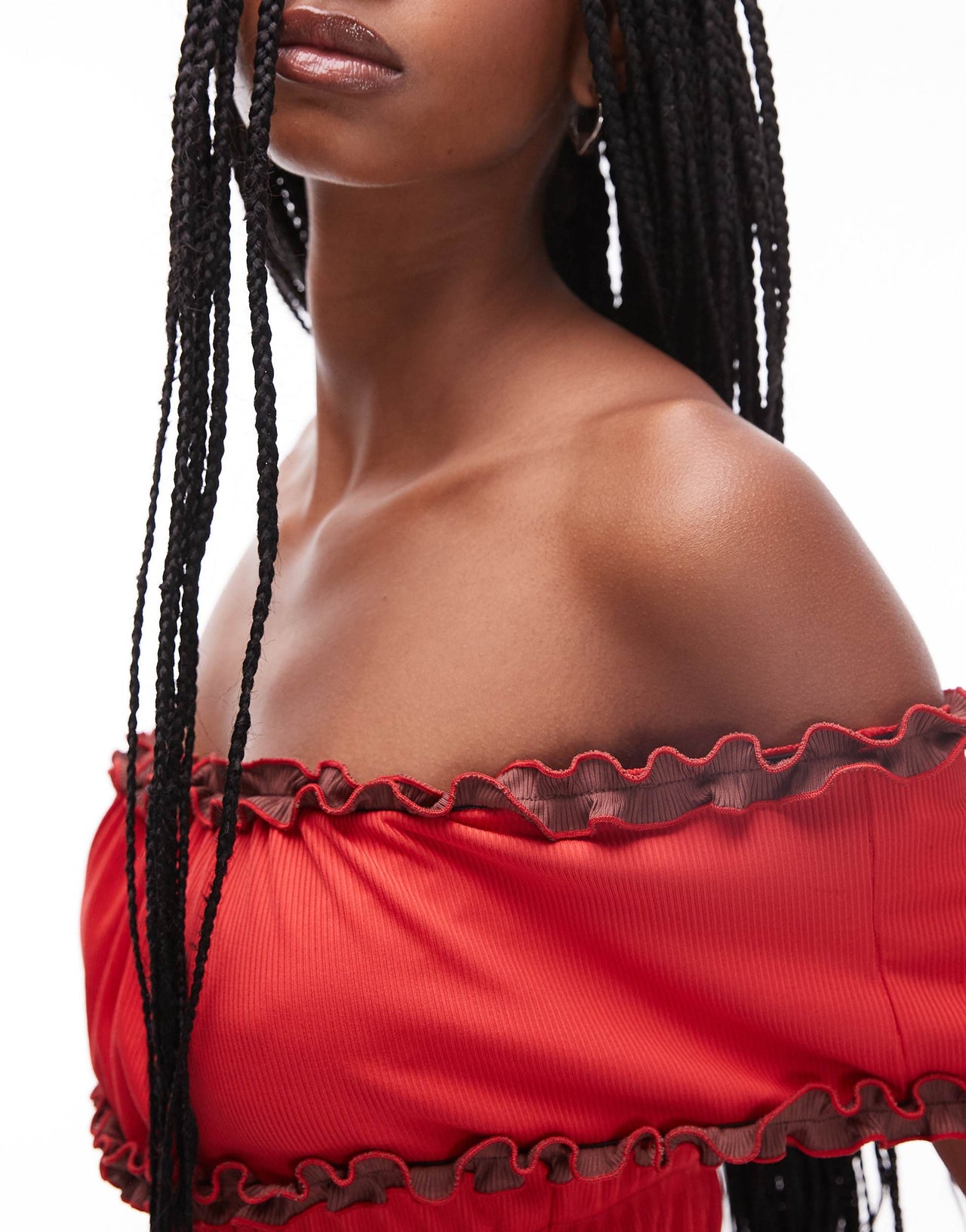 LAAGAM jade off shoulder ruffle midi dress in red