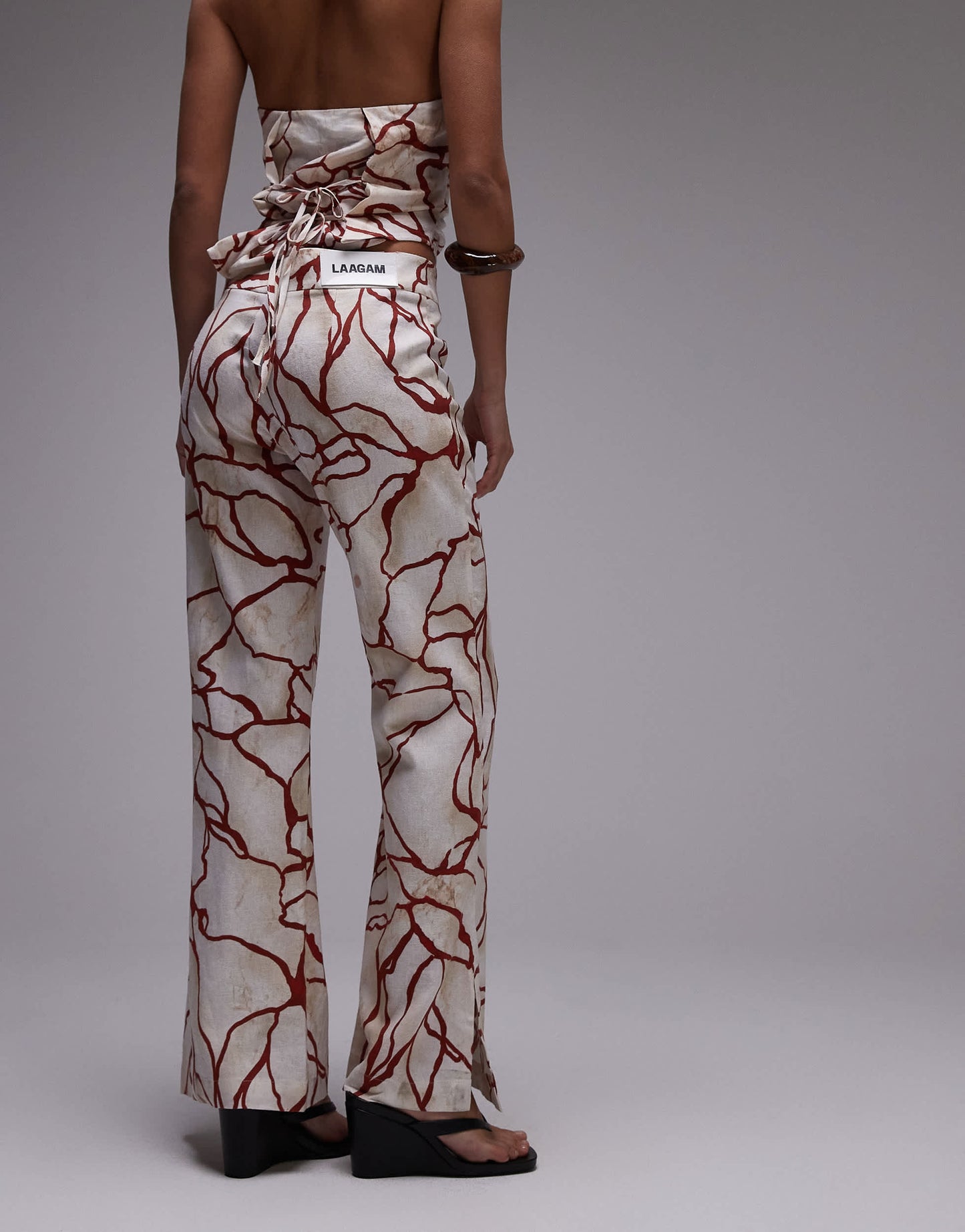 LAAGAM marble linen trousers with red abstract print co-ord