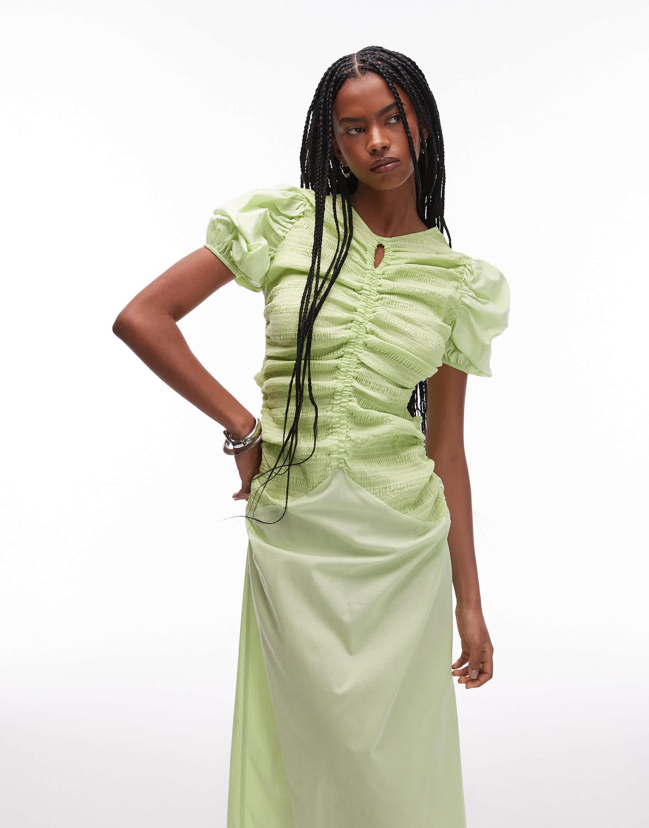 LAAGAM boa ruched front midi dress with puff sleeves in green