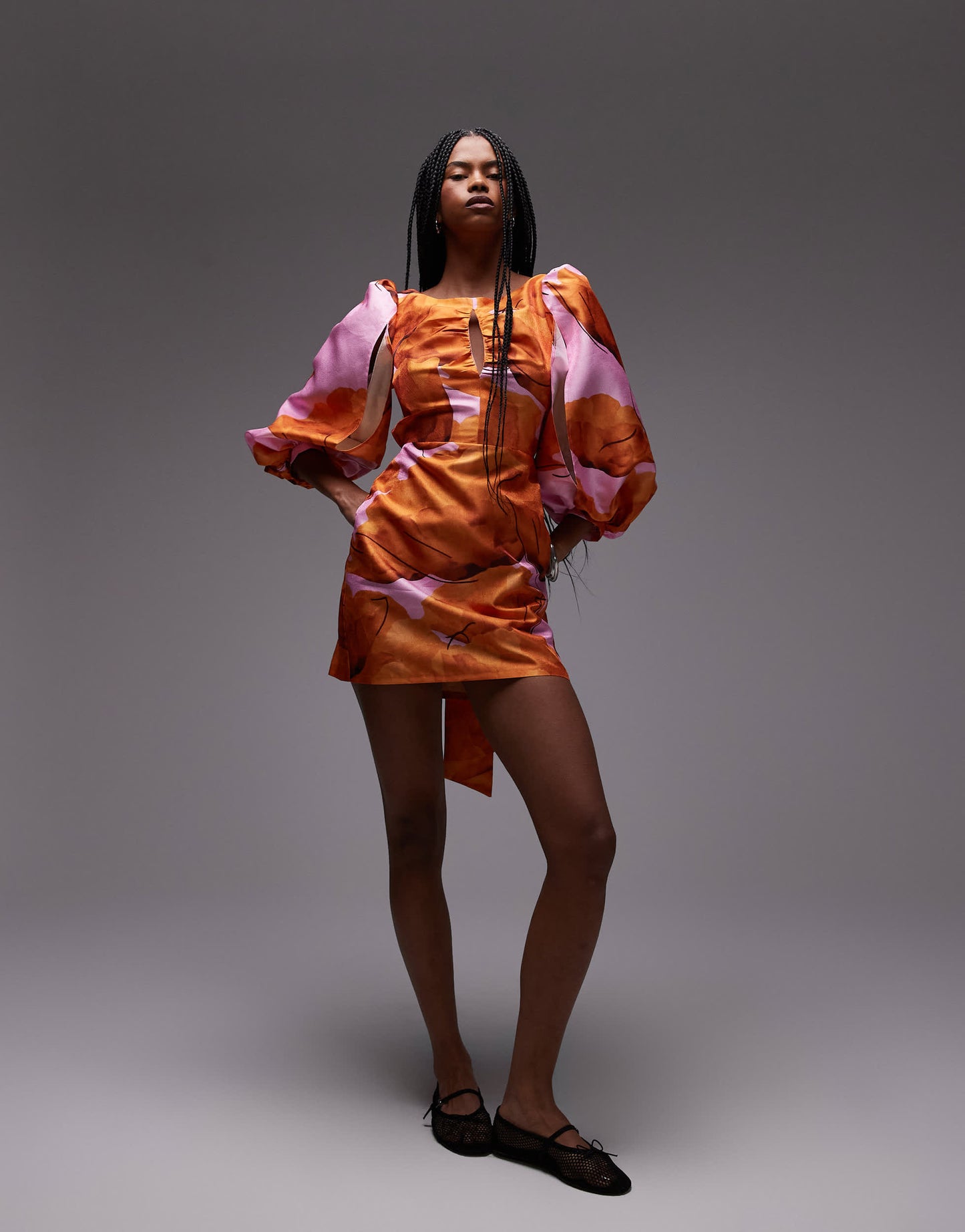 LAAGAM fl  puff sleeve mini dress in pink and orange floral