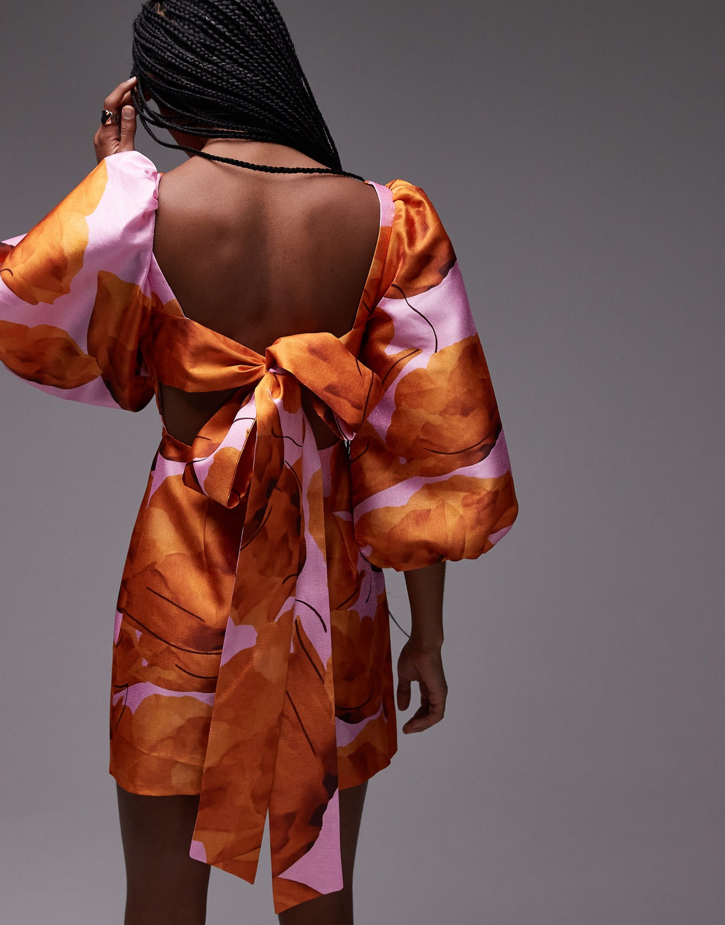 LAAGAM fl  puff sleeve mini dress in pink and orange floral