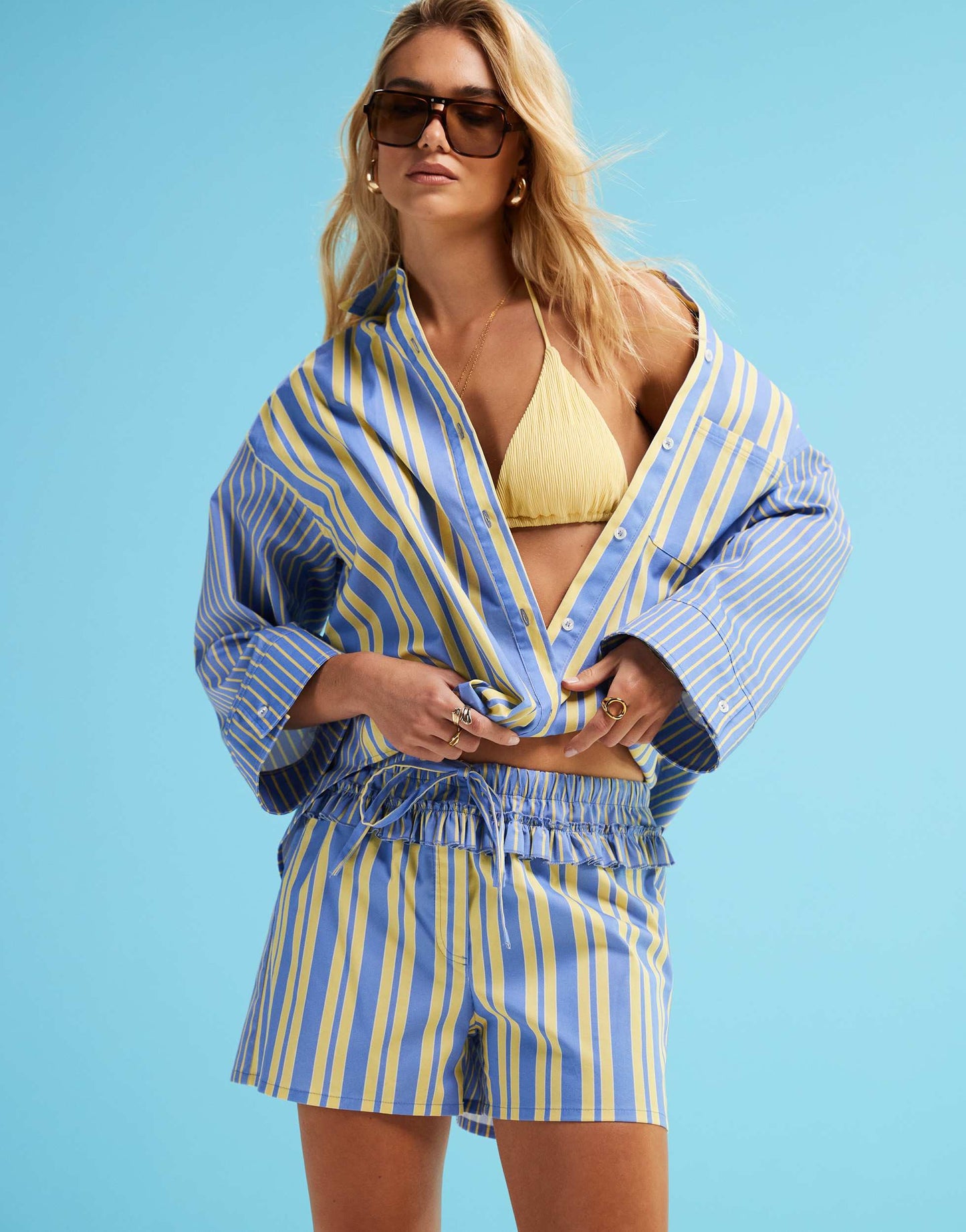 LAAGAM caos poplin boxer in contrast blue and yellow stripe co-ord