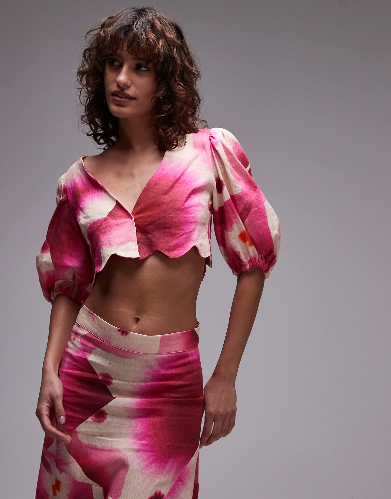 LAAGAM rose puff sleeve crop top with scallop edging in pink co-ord