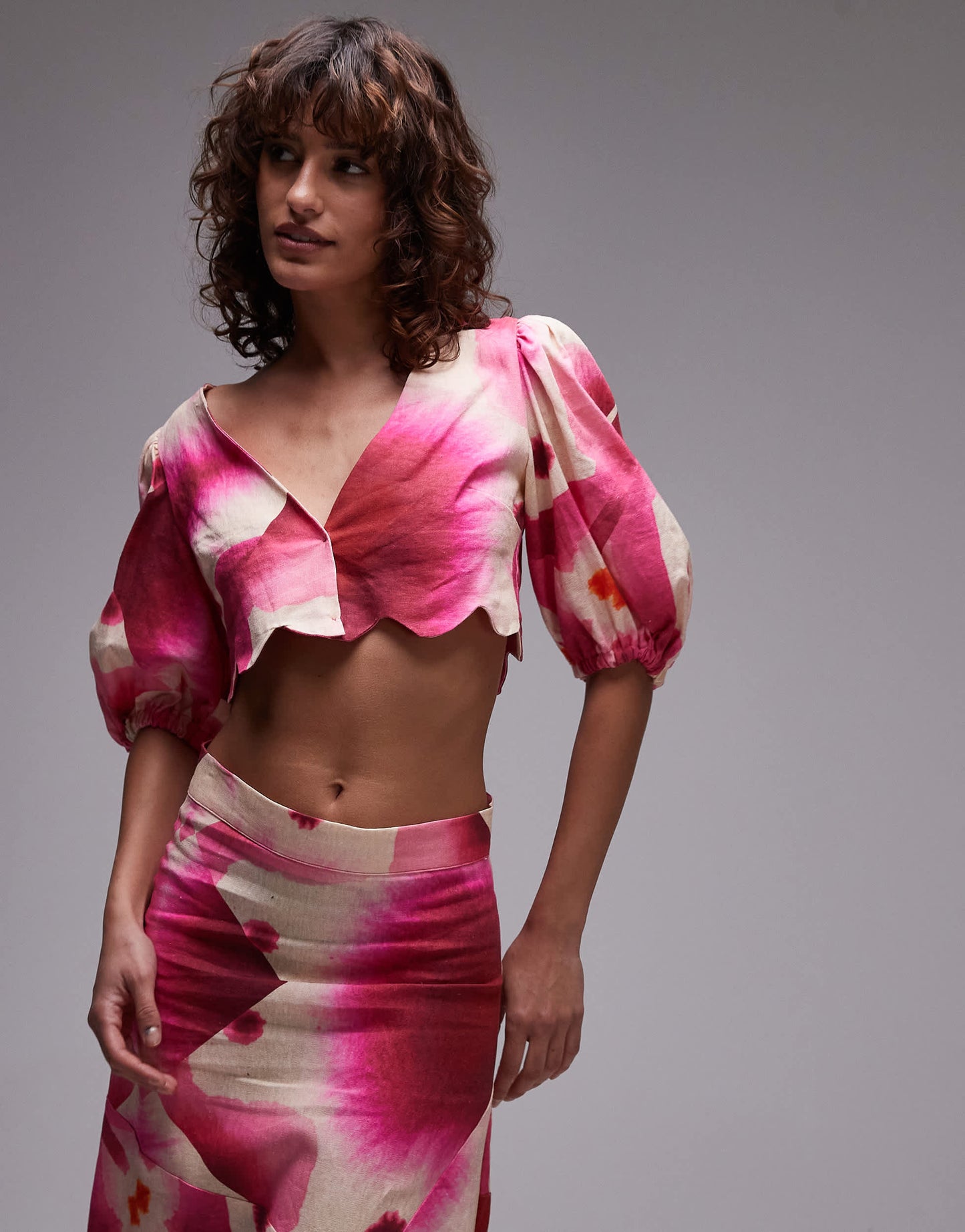 LAAGAM rose puff sleeve crop top with scallop edging in pink co-ord