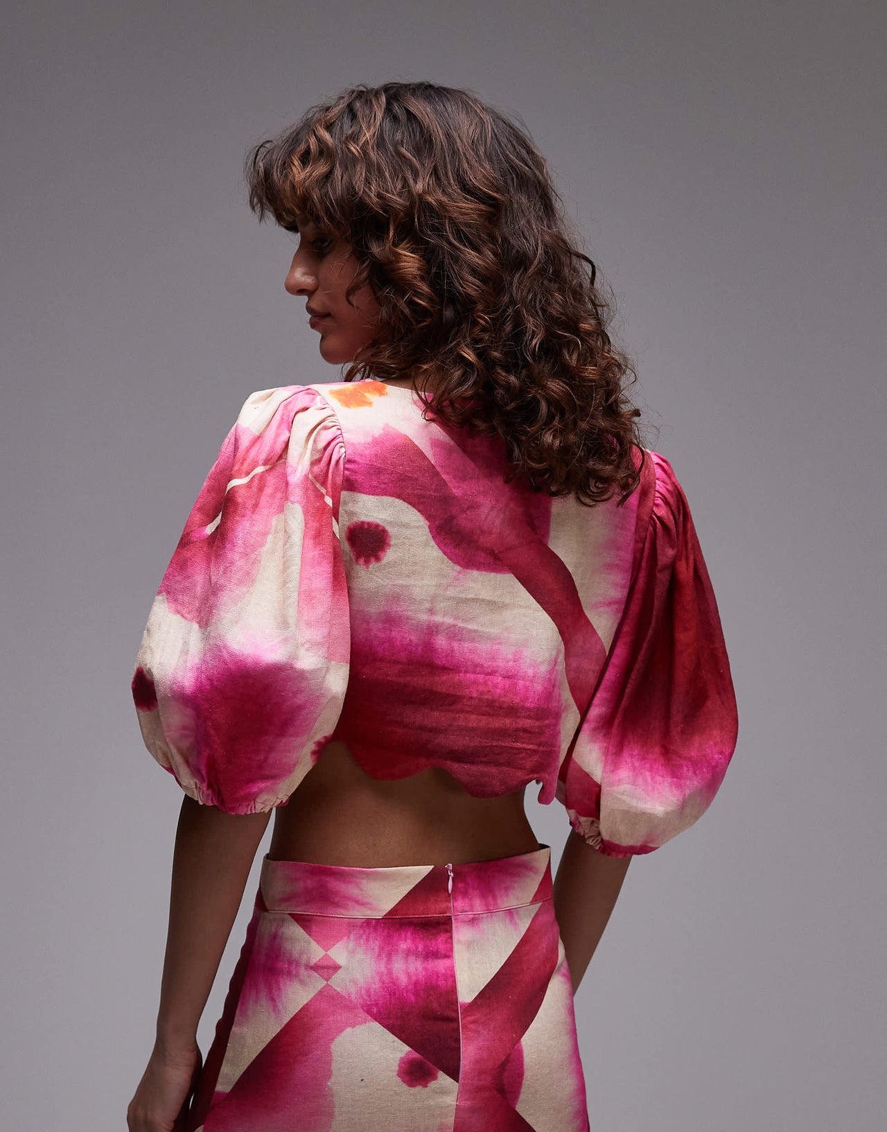LAAGAM rose puff sleeve crop top with scallop edging in pink co-ord