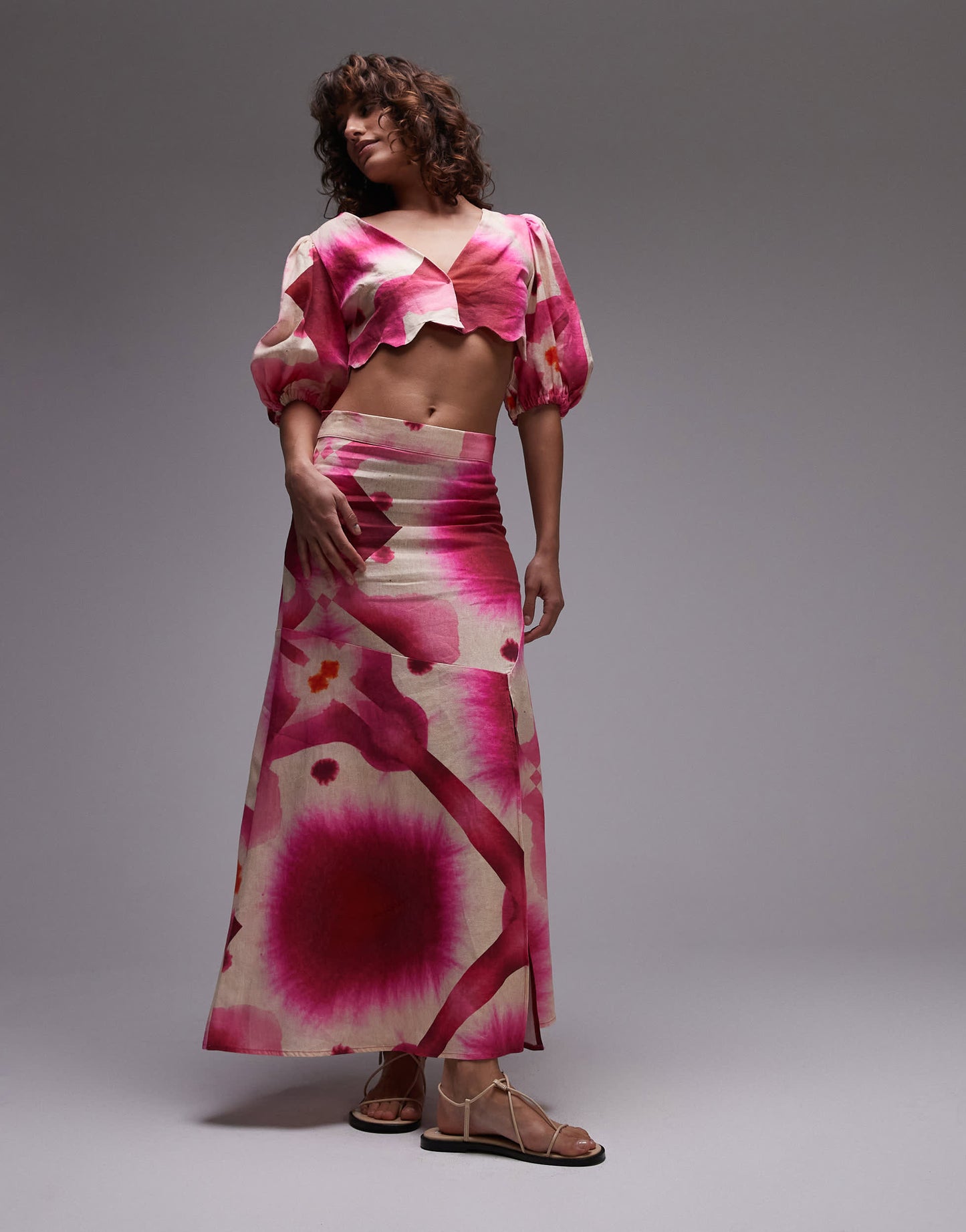 LAAGAM rose puff sleeve crop top with scallop edging in pink co-ord