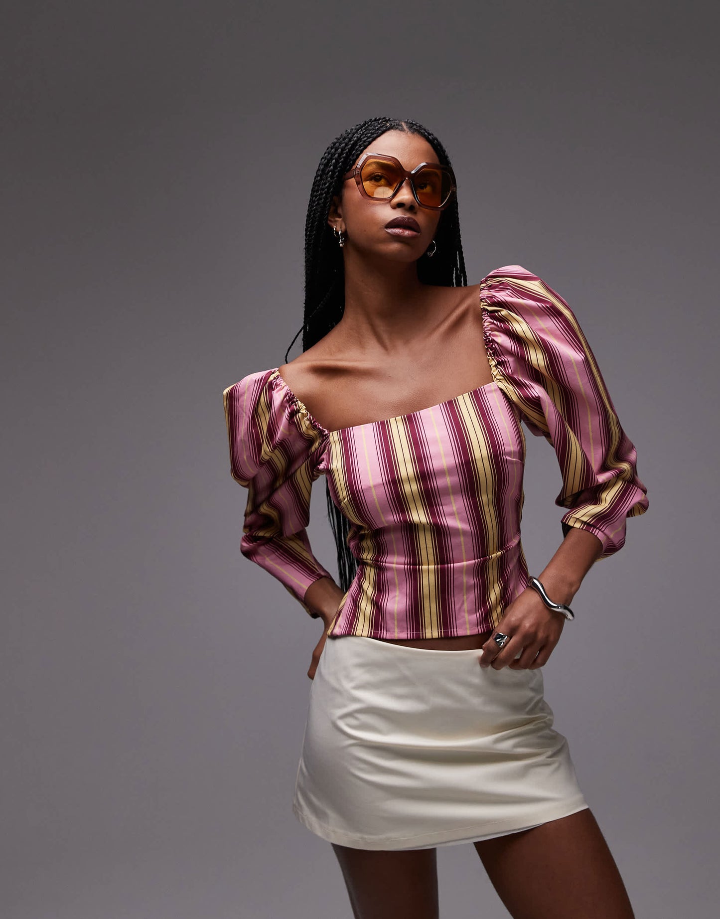 LAAGAM brigitte puff sleeve blouse with open back in pink stripe