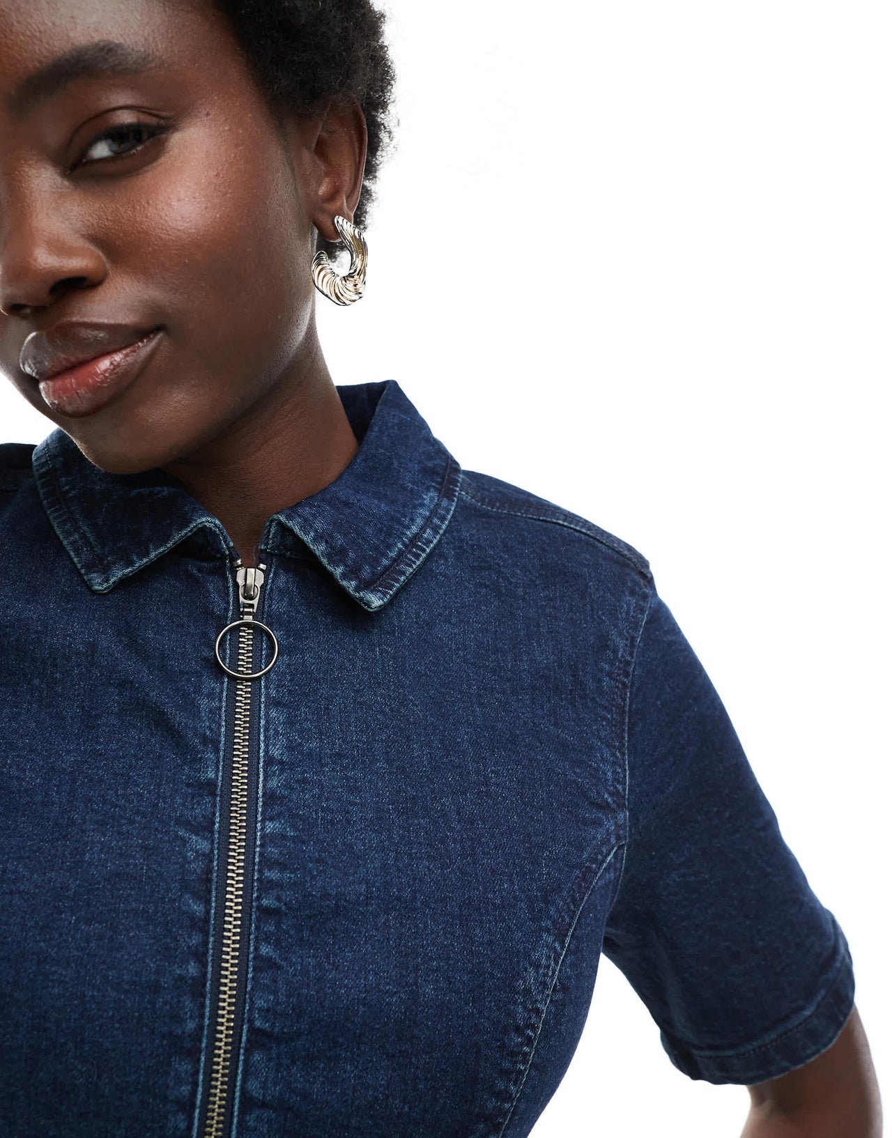 ASOS DESIGN denim short sleeve mini dress with zip through in darkwash