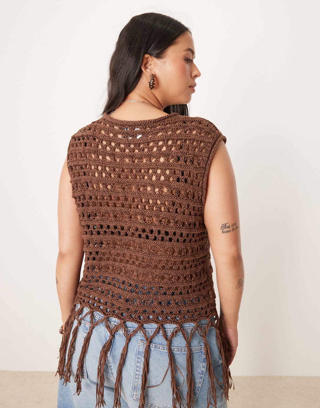 ASOS DESIGN Curve knitted stitch tank with fringe detail in chocolate